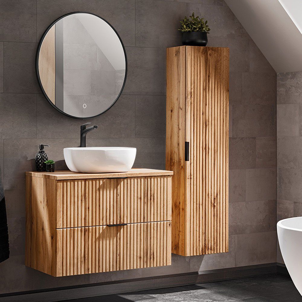 Lomadox Badmöbel-Set ADELAIDE-56, (Spar-Set, 3-St), Eiche Rillenoptik LED-Spiegel & Waschtisch Keramikbecken Hochschrank