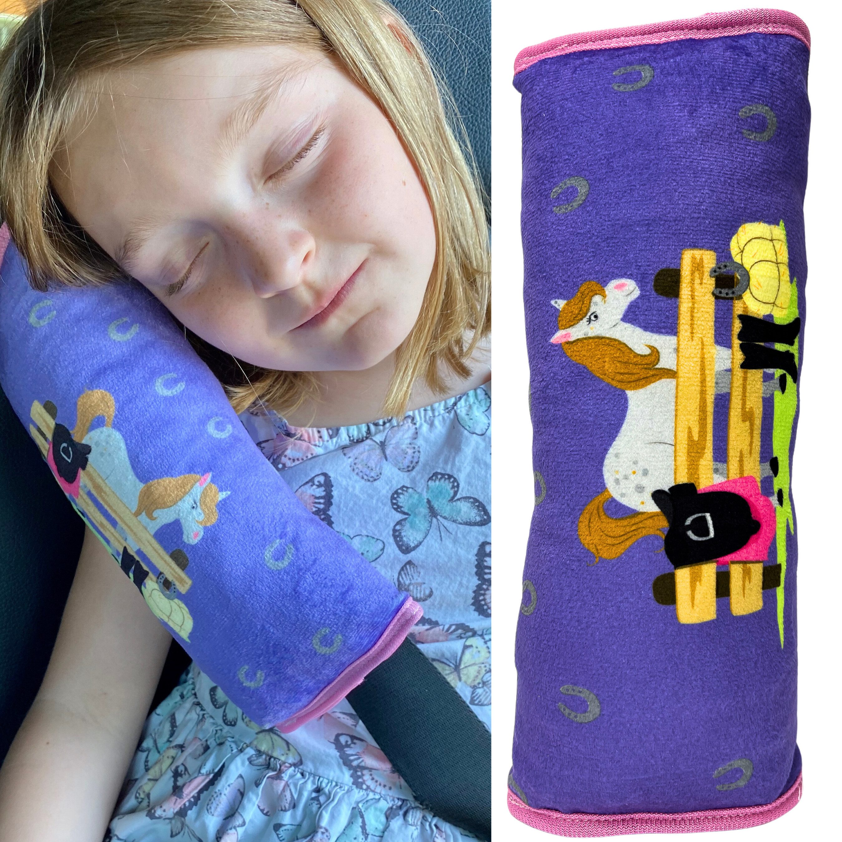 HECKBO Schlafkissen Auto Schlafkissen Bauernhof Pferd Motiv für Kinder Mädchen Reisekissen