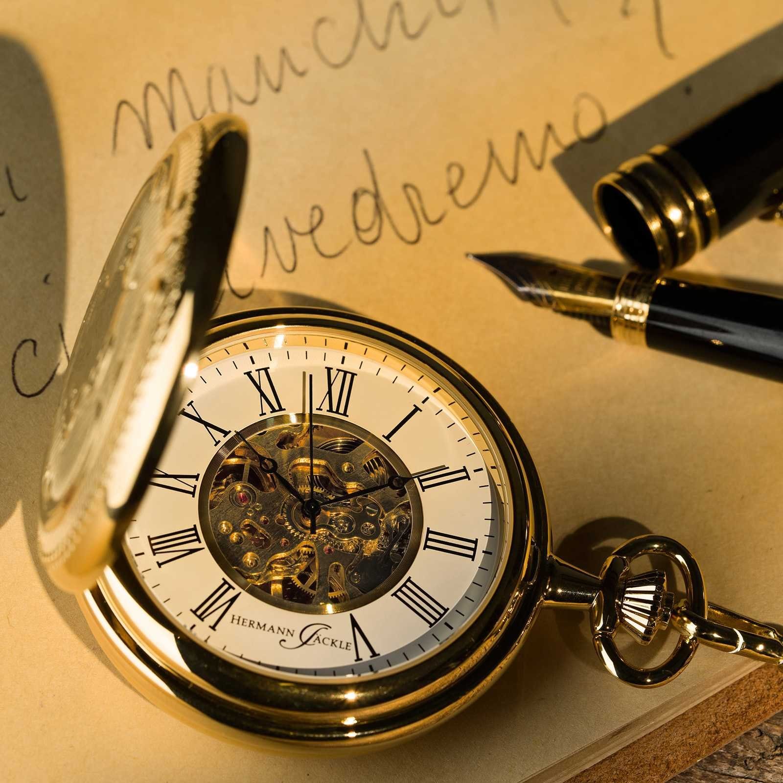 Hermann Jäckle Taschenuhr Bayreuth vergoldet II, Skelett, Handaufzug, mit Kette und Reiseetui, (mit Kette und Reiseetui), – Elegante Herrenuhr im klassischen Design