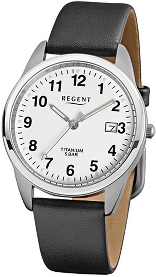 Regent Quarzuhr Regent Herren-Armbanduhr schwarz Analog, Herren Armbanduhr  rund, mittel (ca. 36mm), Lederarmband, Leuchtzeiger