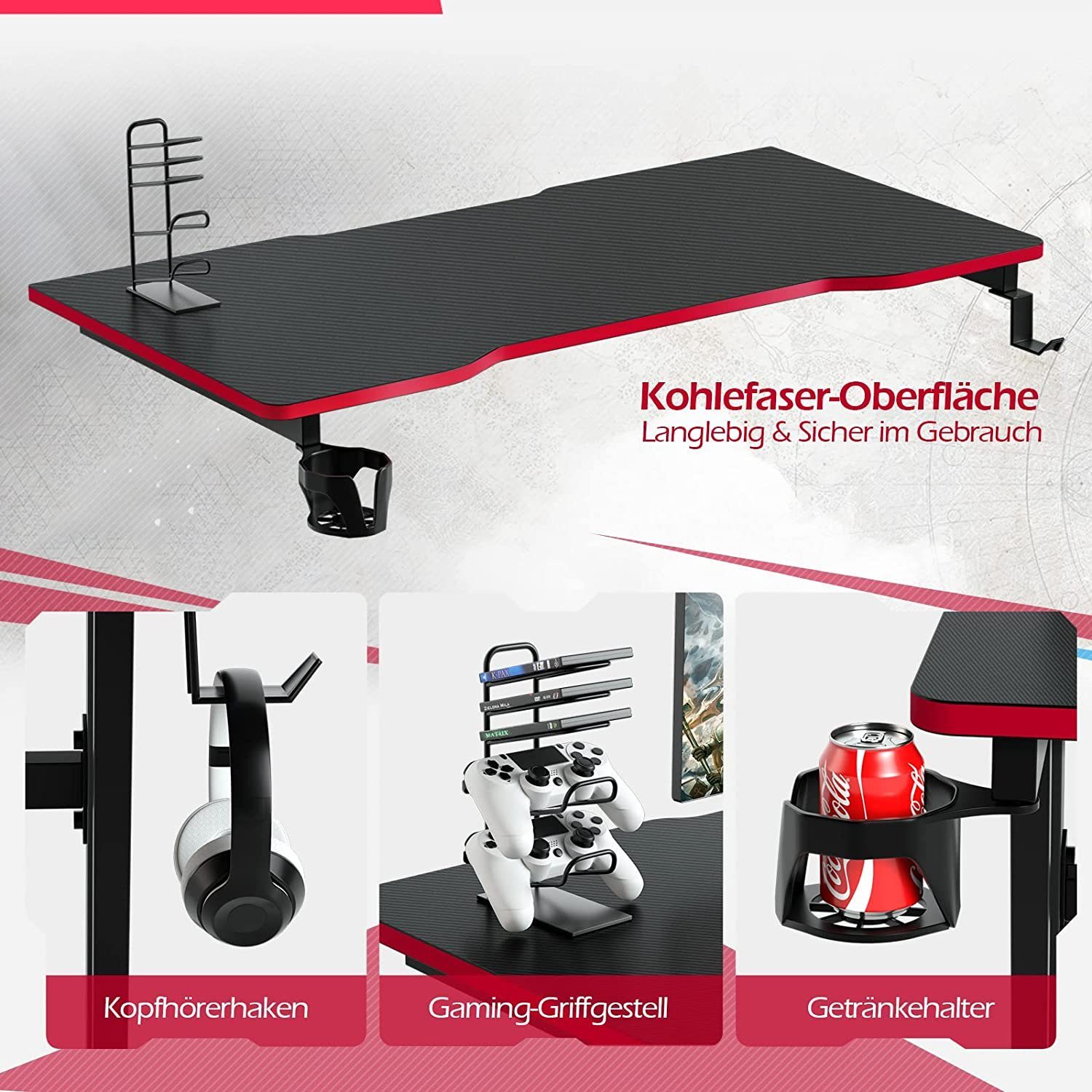 COSTWAY Gamingtisch 120cm, Z-förmig, Gamepad-Halterung mit Rot Getränkehalter