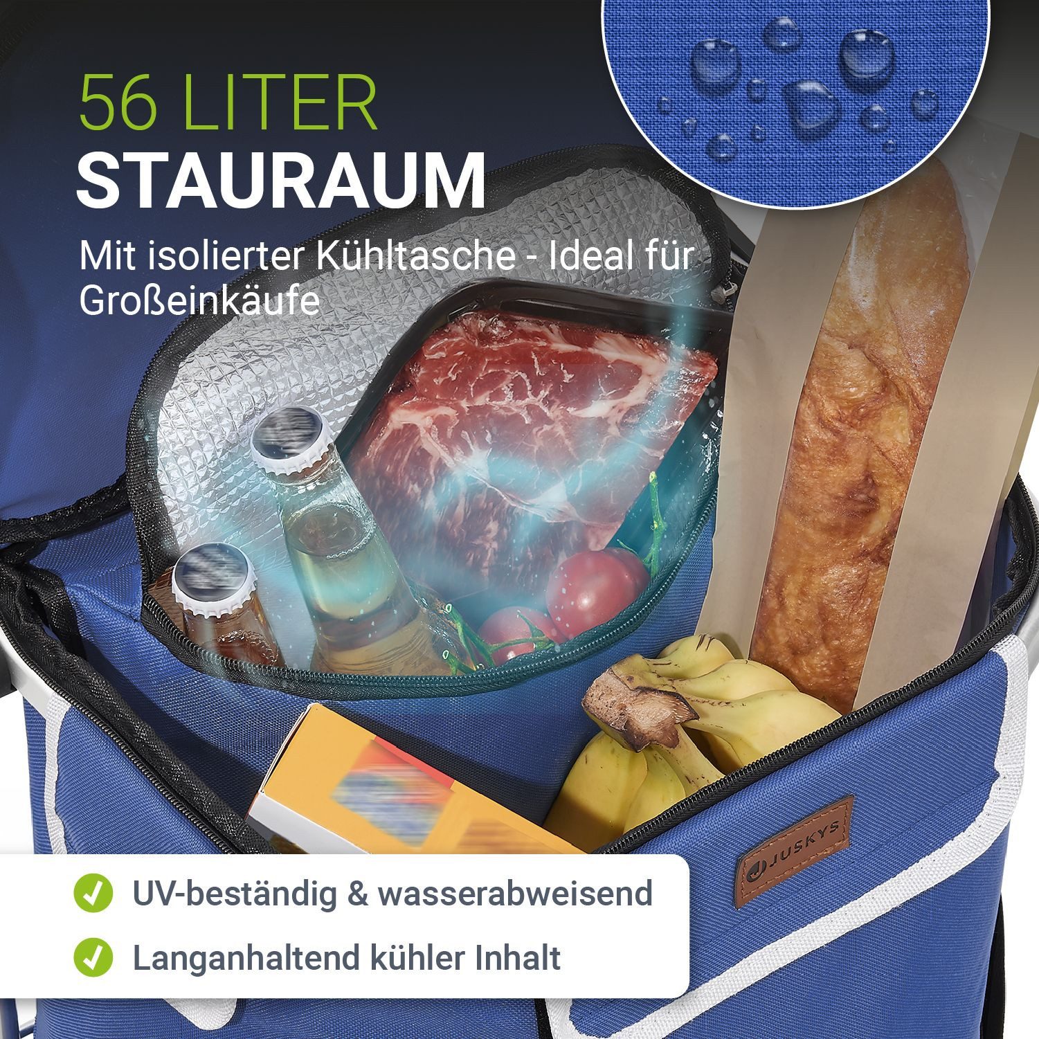 Juskys Einkaufstrolley 3in1, 56 l, mit Treppensteiger (6 Rollen), klappbar und modern, mit Kühlfach