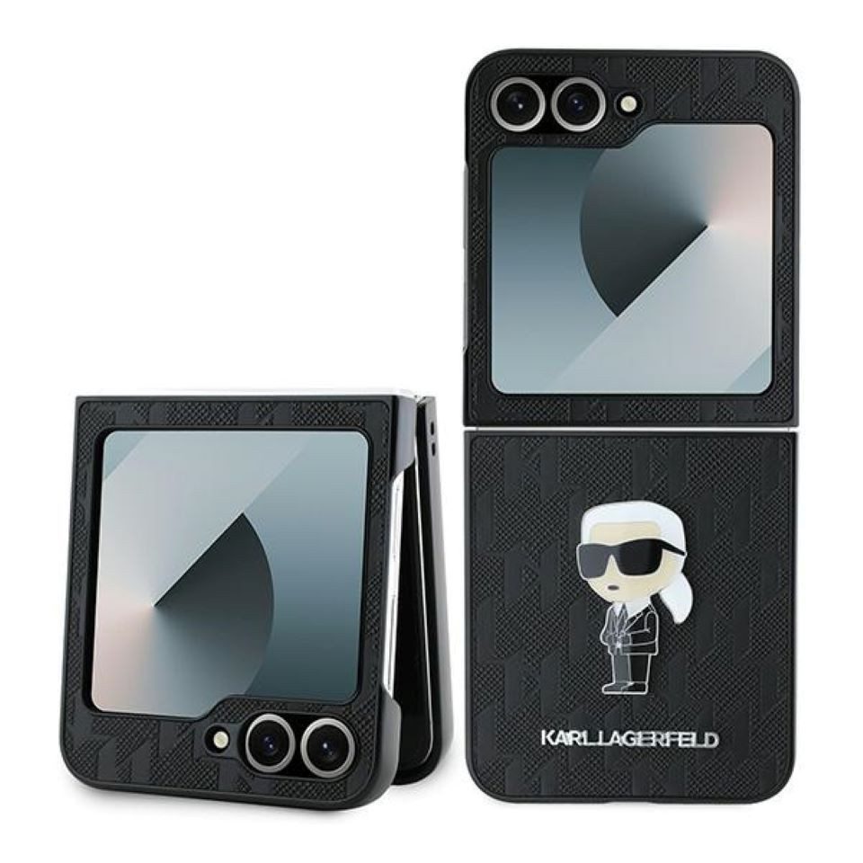 KARL LAGERFELD Handyhülle Case Galaxy Z Flip 6 Kunststoff schwarz Logo Metall. 6,7 Zoll, Kantenschutz
