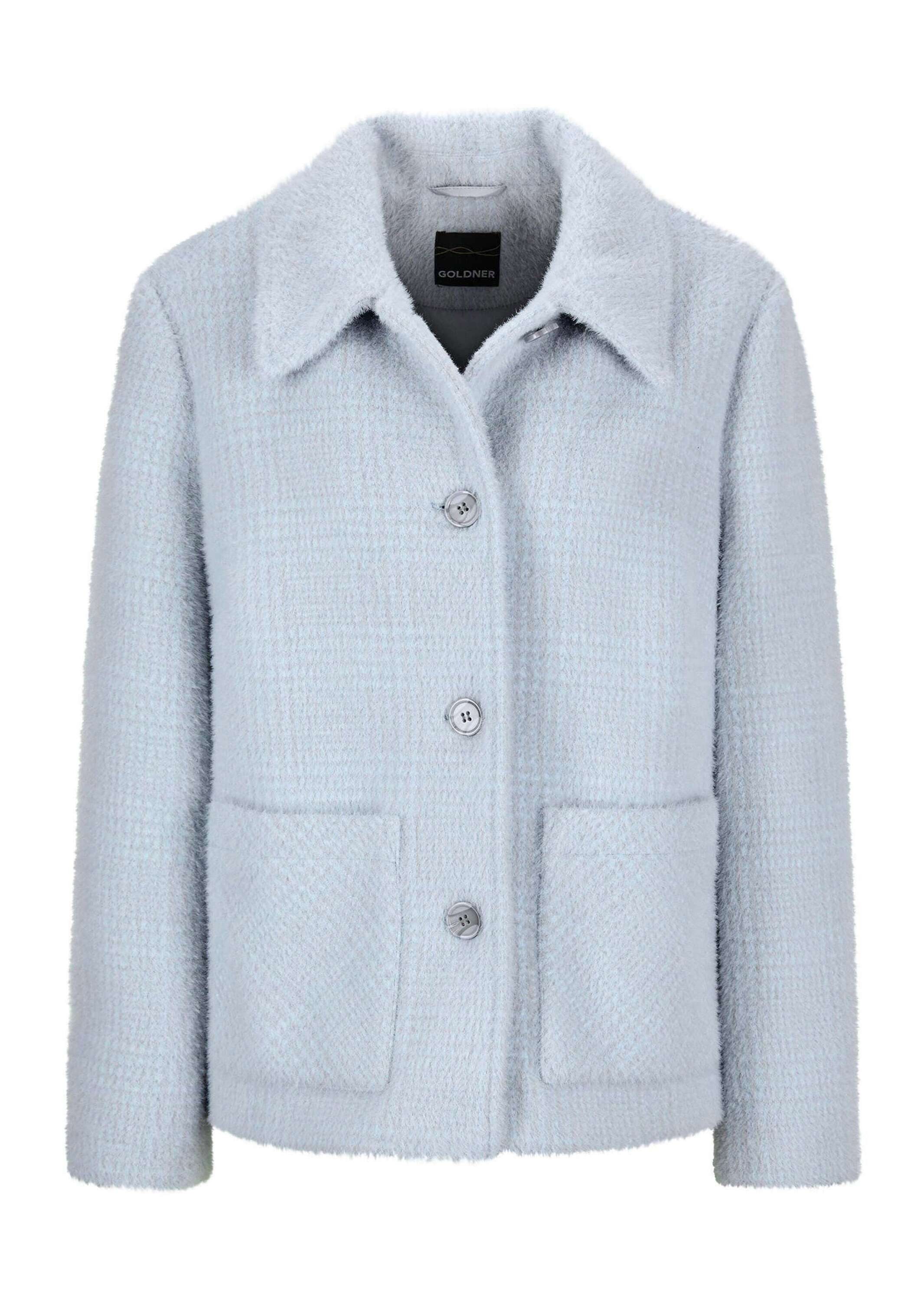 Outdoorjacke Kurzgröße: Flauschige Winterjacke mit Hemdkragen