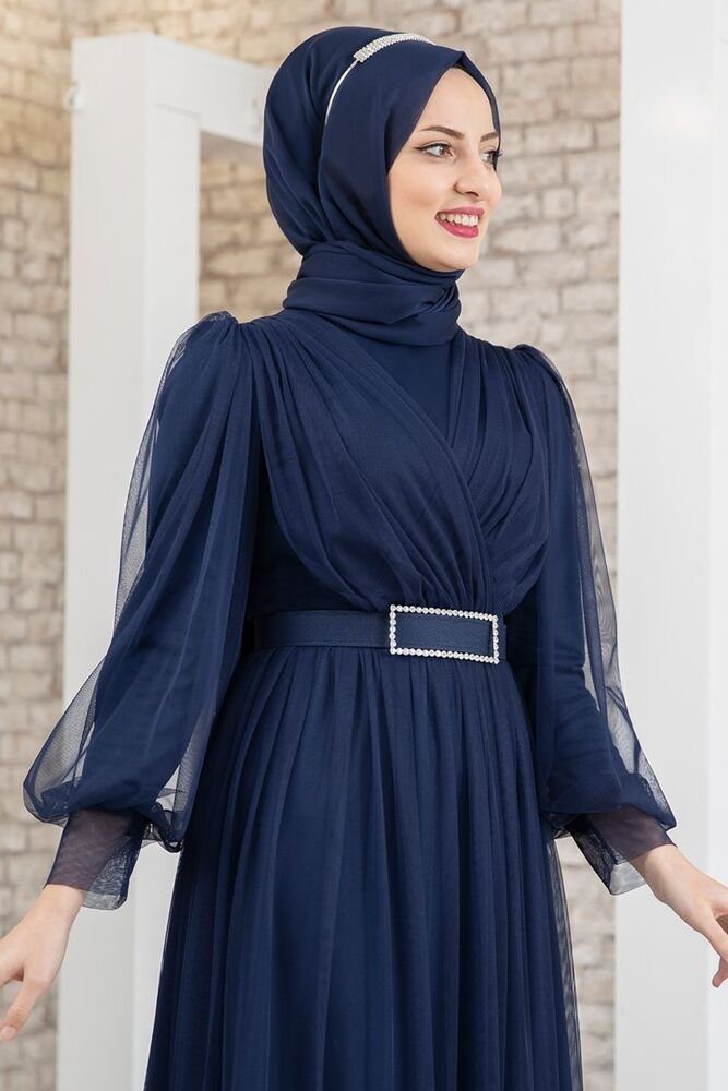 Modavitrini Abendkleid Damen Tüllkleid Abiye Gürtel mit Hijab Kleid Navy Blau langärmliges Maxikleid Abaya