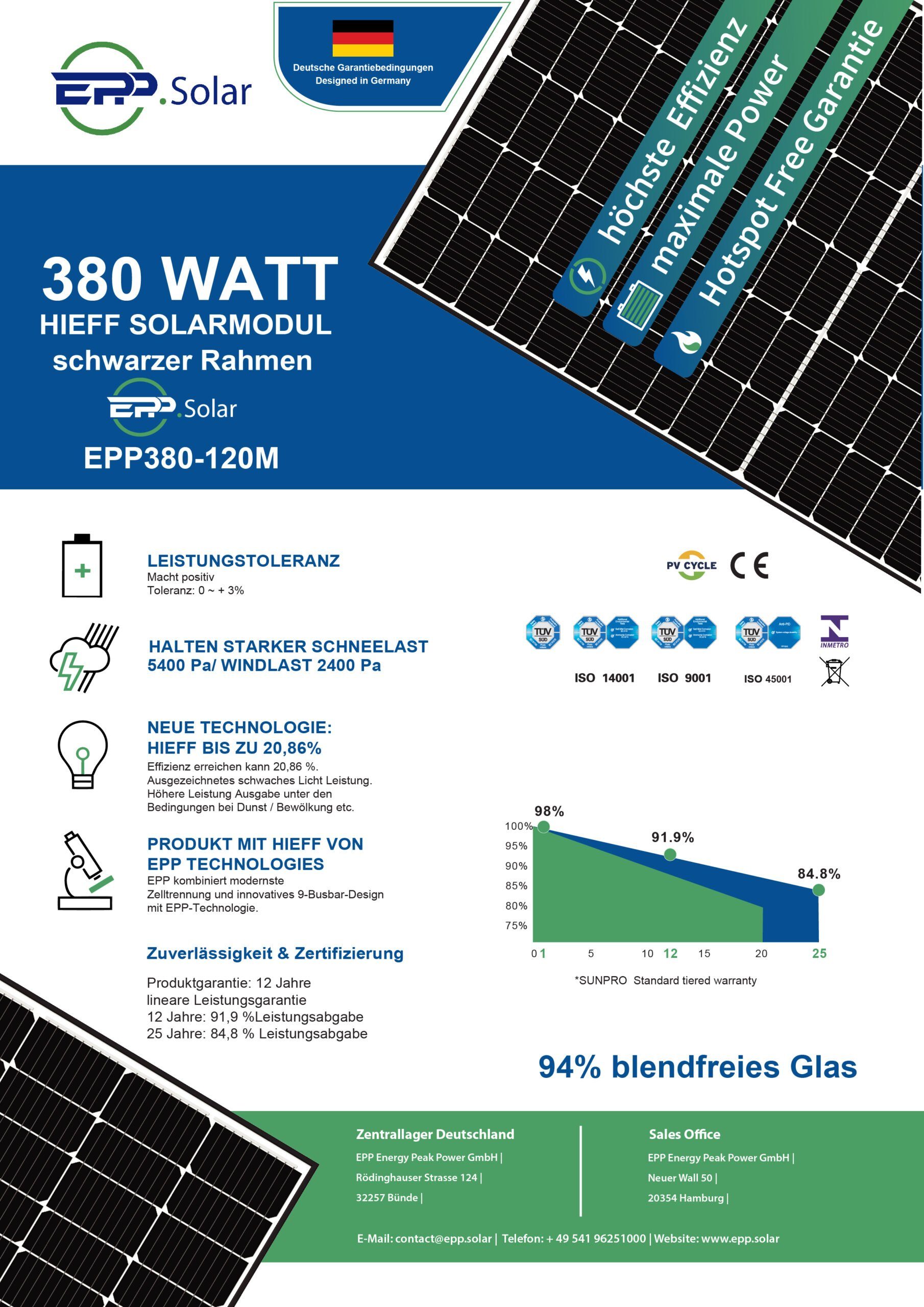 380W Solarmodul Schwarz (Solarpanel) Balkonkraftwerk IP68, Wasserdichtigkeitsklasse Campergold Photovoltaik Solaranlage, Solarmodul