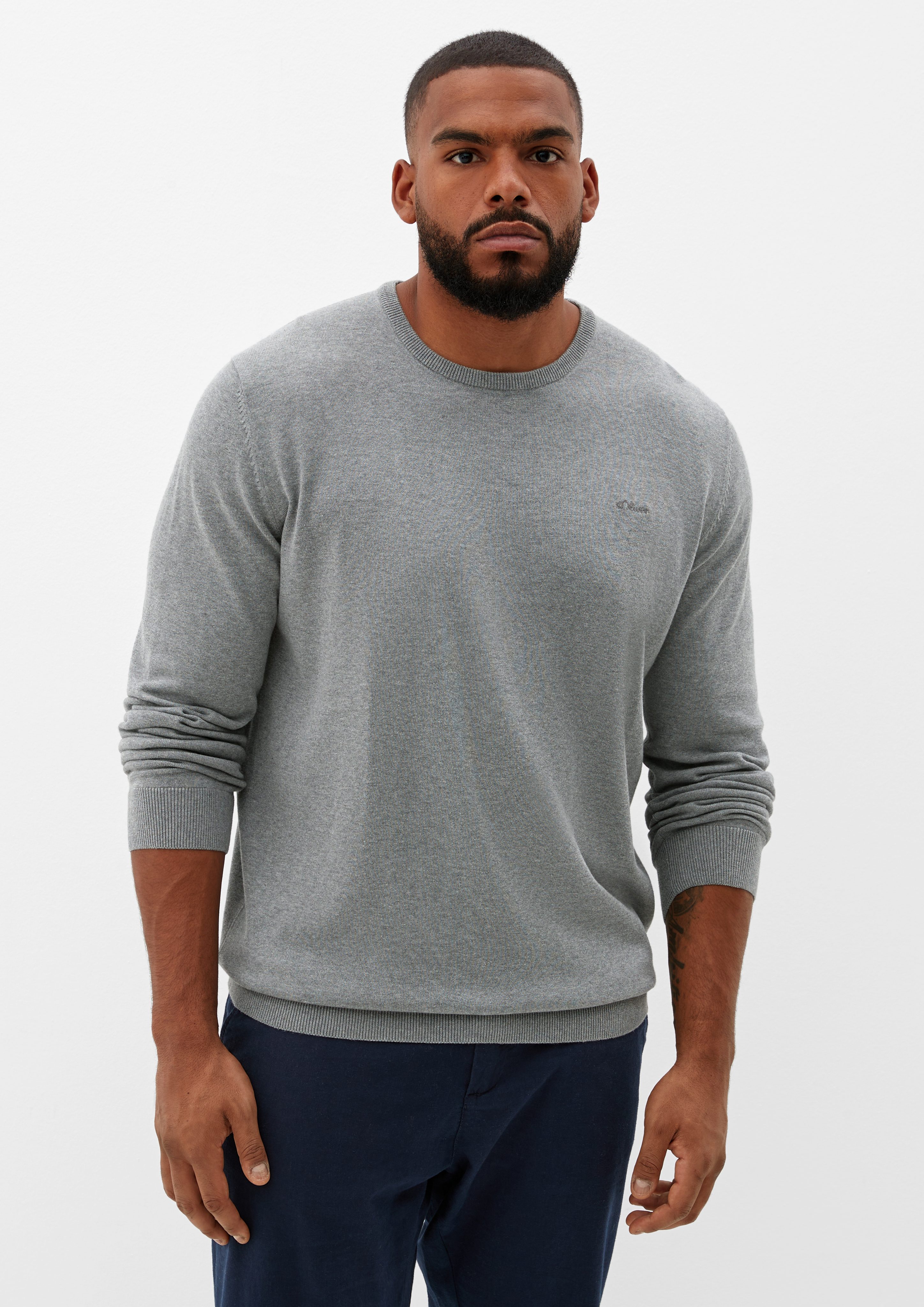 s.Oliver Strickpullover Pullover aus Feinstrick Logo light grey melange