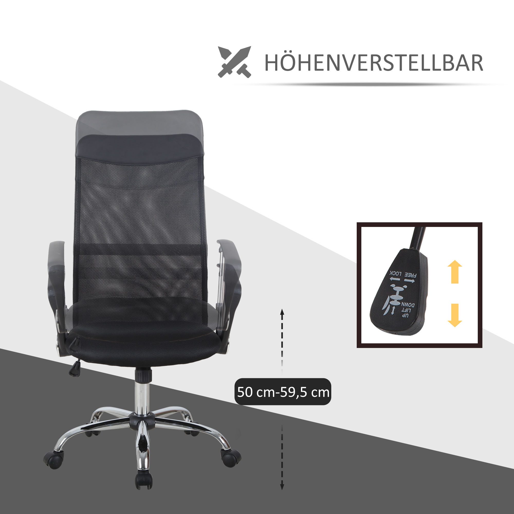 HOMCOM Bürostuhl Drehstuhl Computerstuhl mit Wippfunktion, Netzbespannung (Schreibtischstuhl, 1 St), Schwarz, 63 x 65 x 109-119 cm – Bild 4 von 5