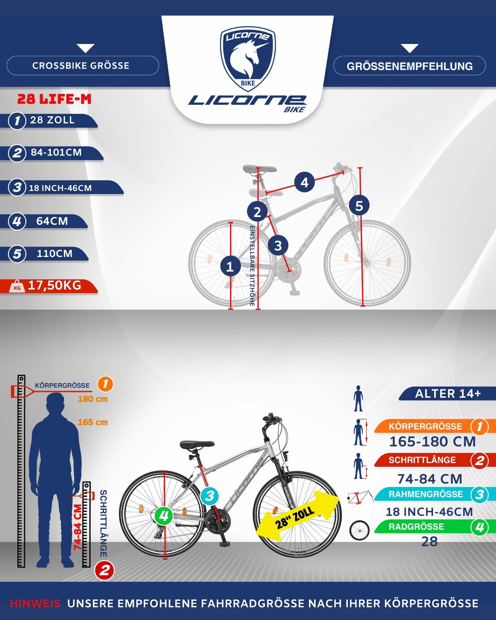 Bike Licorne M-V Bike Bike 21 Zoll, Gang Licorne Trekking Premium Trekkingrad 28 Life Grau/Schwarz in