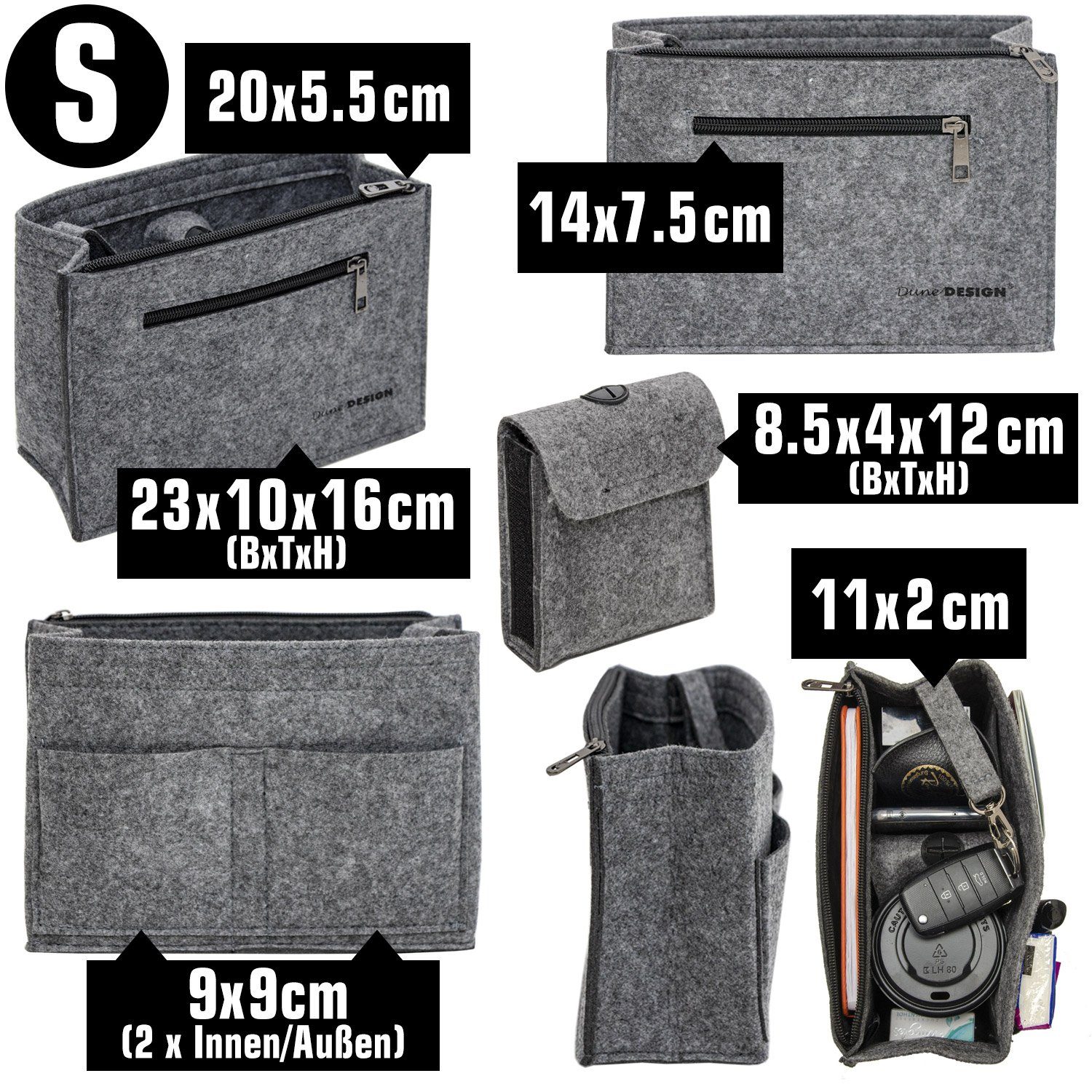 DuneDesign Taschenorganizer S - Filz Handtaschenorganizer mit Fächern für Handtasche und Rucksack, 23 x 10 x 16 cm Taschen Organizer - Innentasche für Damen Handtaschen
