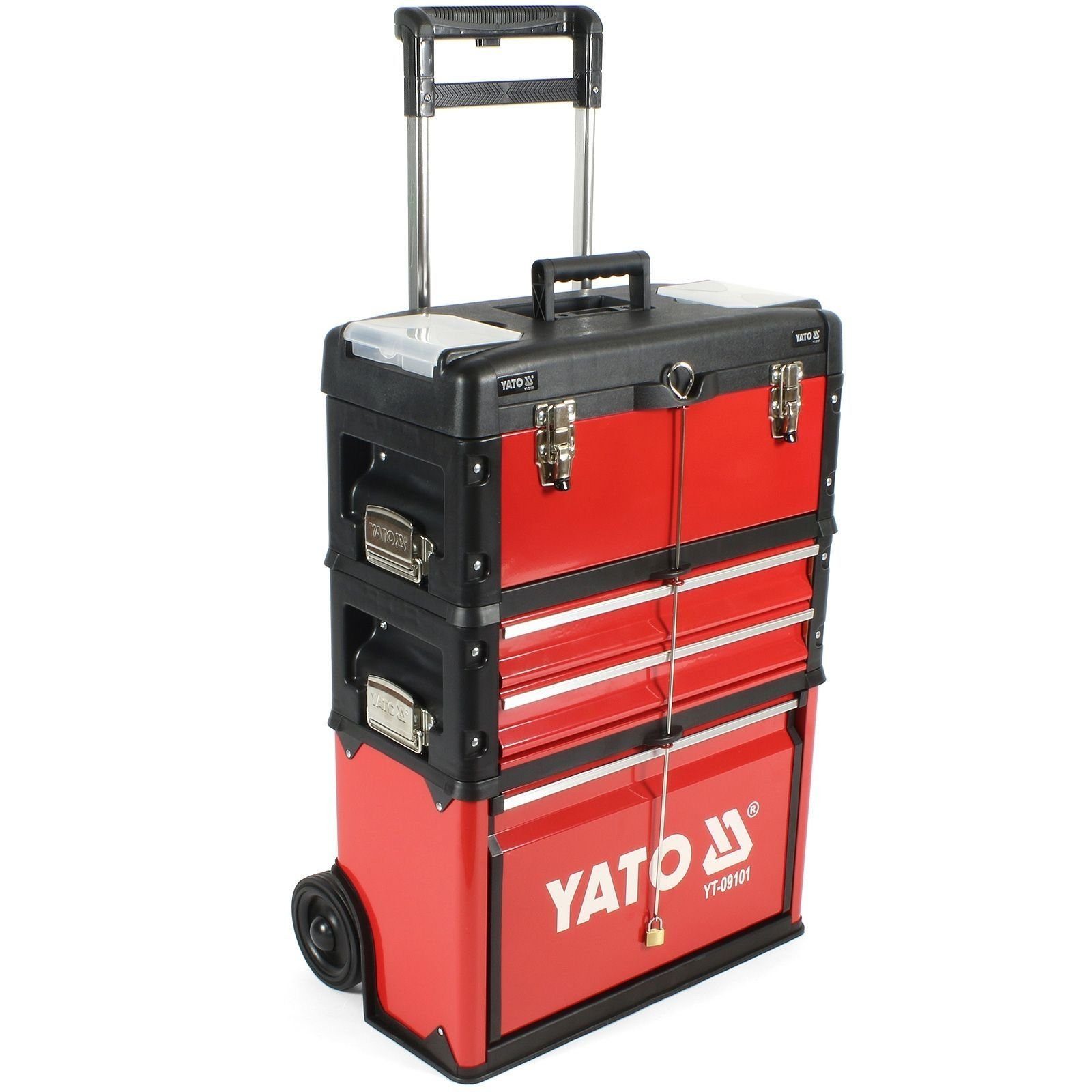 Yato Werkzeugkoffer Werkzeug-Trolley mit 3 Modulen YT-09101, Boden-Modul  mit Kunststoff-Rädern, Teleskopgriff und Klapp-Schublade | Werkzeugkoffer
