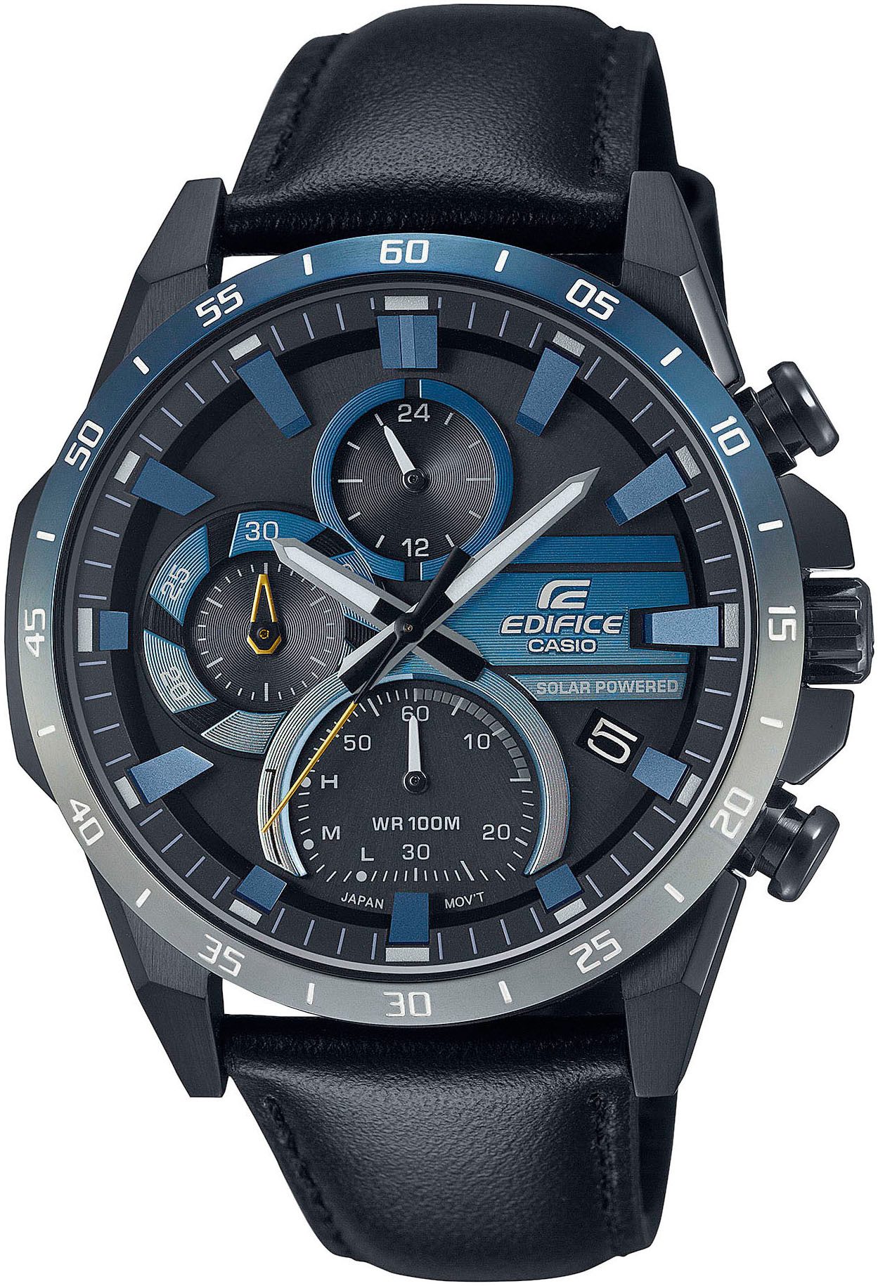 CASIO EDIFICE Solaruhr, Quarzuhr, Armbanduhr, Herrenuhr, Neo-Display, Lederarmband