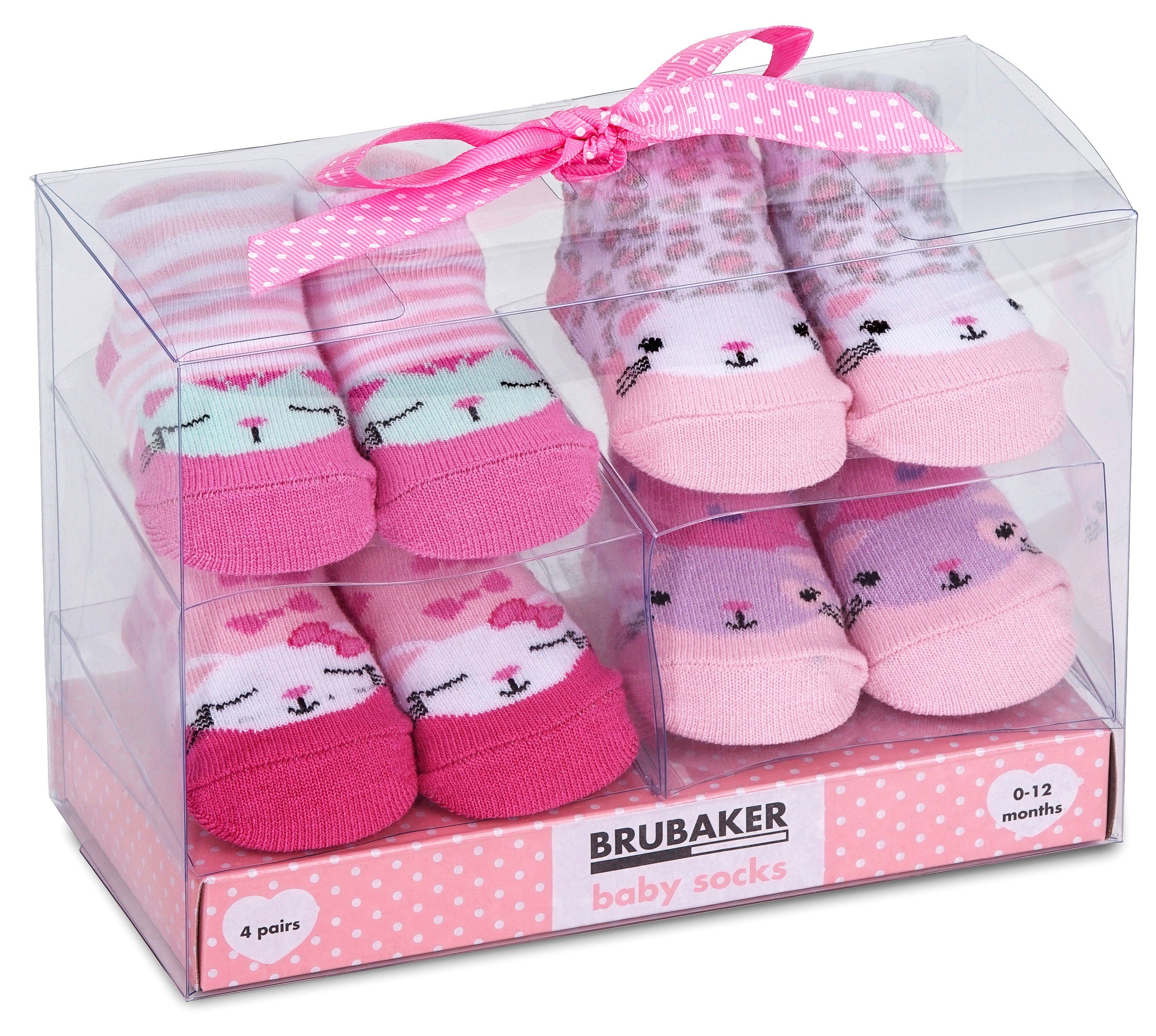 BRUBAKER Socken Babysocken für Mädchen 0-12 Monate (4-Paar, Baumwollsocken mit Katzen Motiven Pink/Rosa) Baby Geschenkset für Neugeborene in Geschenkverpackung mit Schleife