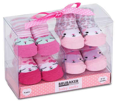 BRUBAKER Socken »Babysocken für Mädchen 0-12 Monate« (4-Paar, Baumwollsocken mit Katzen Motiven Pink/Rosa) Baby Geschenkset für Neugeborene in Geschenkverpackung mit Schleife