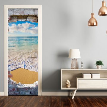 wandmotiv24 Türtapete 3D Steinwand, Ausblick, Meer, Strand, glatt, Fototapete, Wandtapete, Motivtapete, matt, selbstklebende Dekorfolie