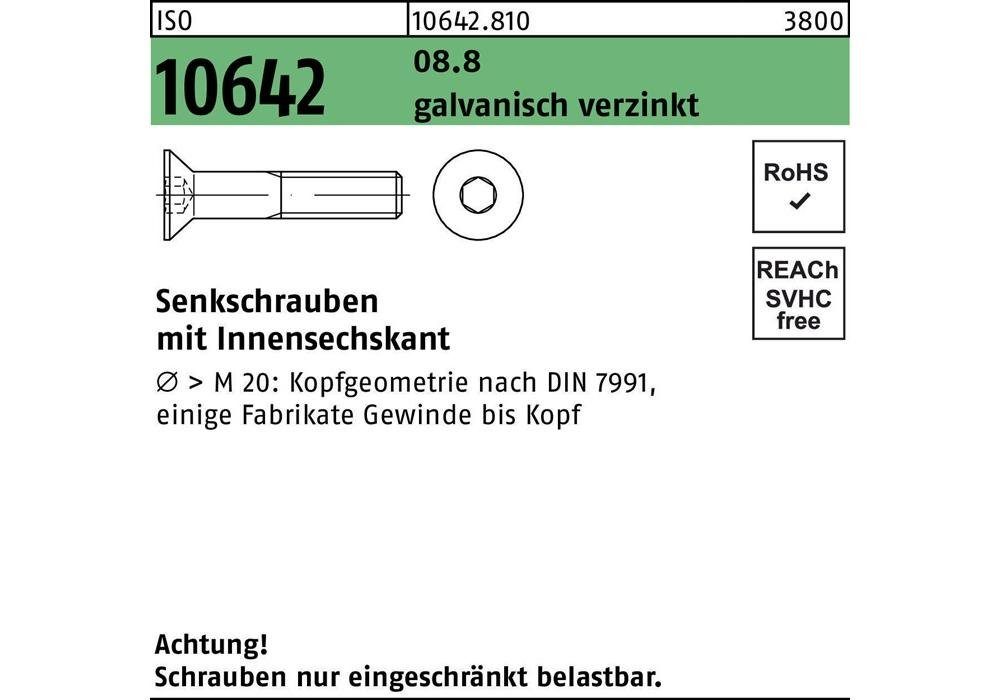Senkschraube Senkschraube ISO 10642 Innensechskant M 3 x 8 8.8 galvanisch verzinkt