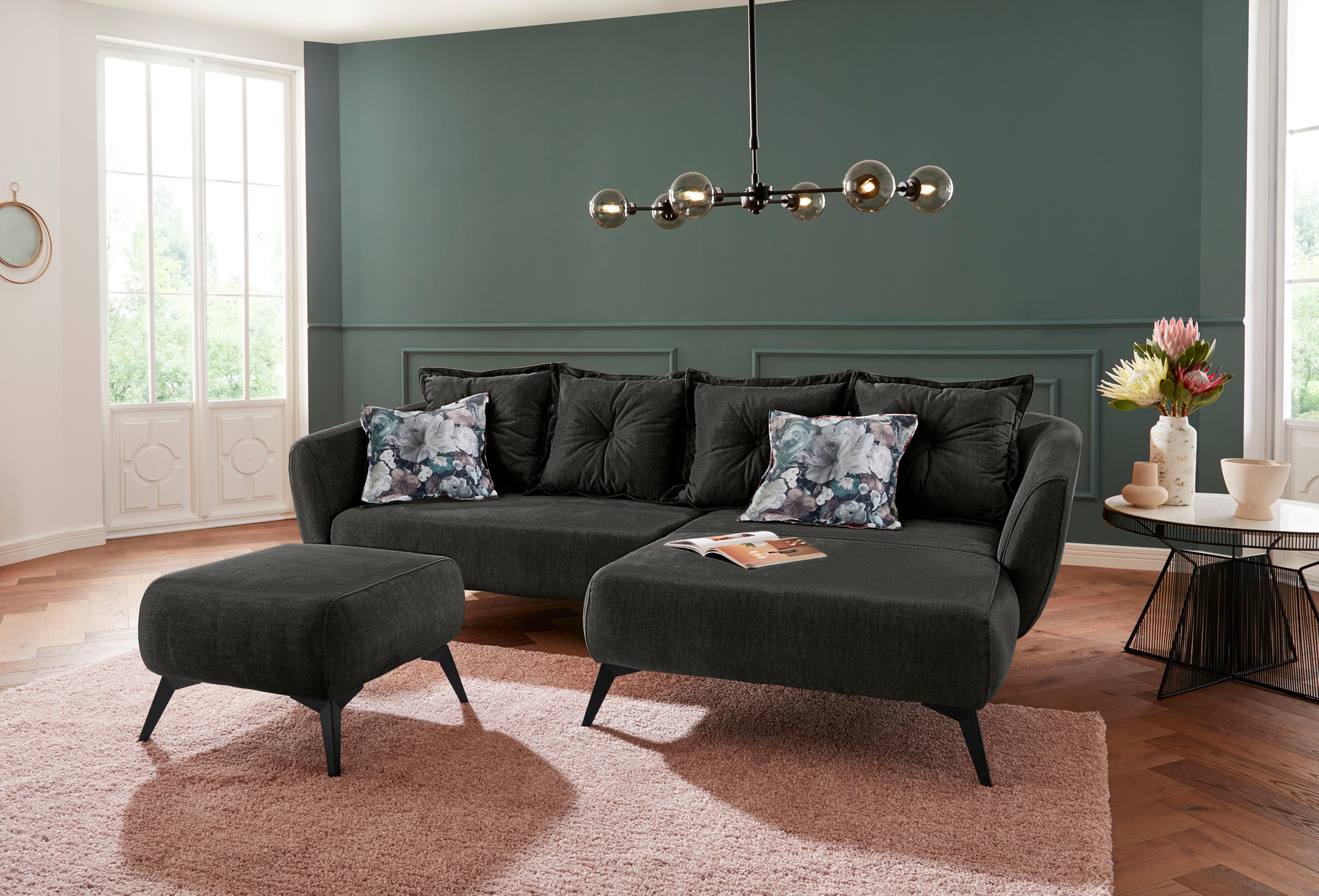 Home affaire Ecksofa Baggio romantische Polsterecke, bequem, Breite 277 cm, L-Form, Zierkissen inklusive, schwarze Metallfüße