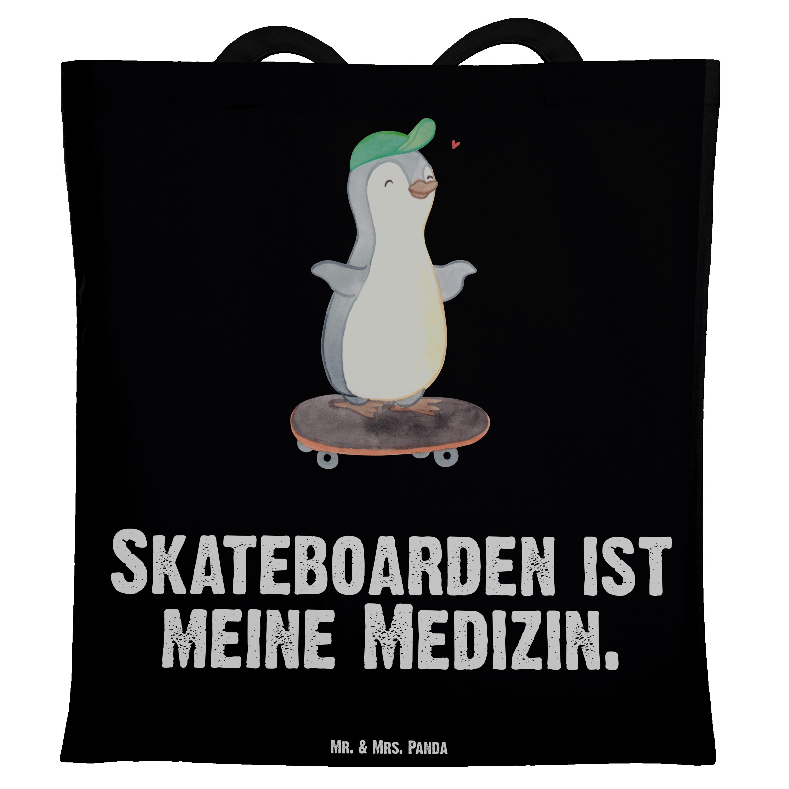 Mr. & Mrs. Panda Tragetasche Pinguin Skateboarden - Schwarz - Geschenk, Skaten, Beutel, Schenken, (1-tlg), Cross Stitching Griffe