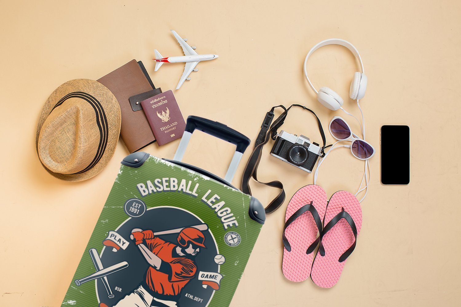Trolley, Vintage, Ferien, Reisekoffer Baseball - - mit Handgepäck 4 Reisetasche Schläger Handgepäckkoffer für Rollen, MuchoWow rollen,