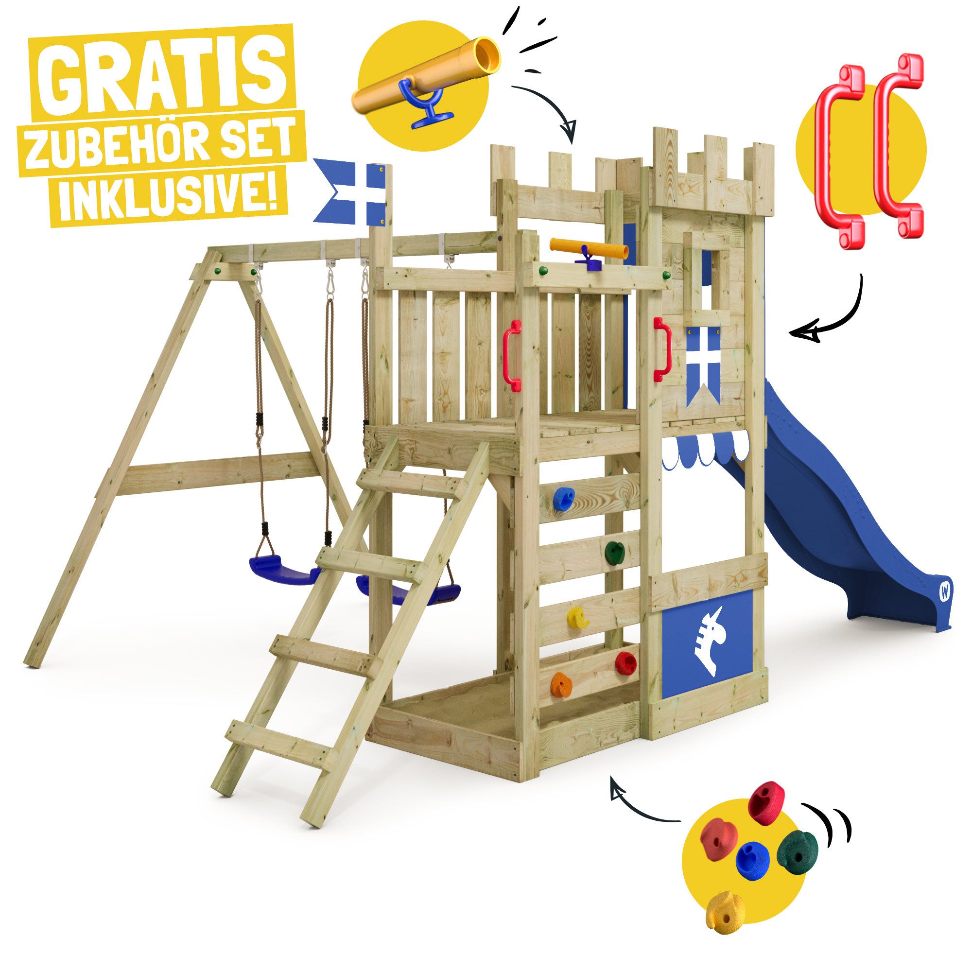 Wickey Spielturm RoyalFlyer – Abenteuer-Spielgerät für Garten mit Rutsche und Schaukel, Spielhaus-Ritterburg mit 10 Jahren Garantie*