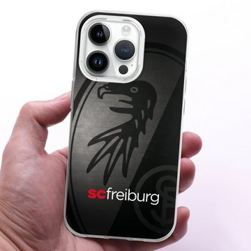 DeinDesign Handyhülle SC Freiburg Offizielles Lizenzprodukt Metallic Look, Apple iPhone 14 Pro Silikon Hülle Bumper Case Handy Schutzhülle