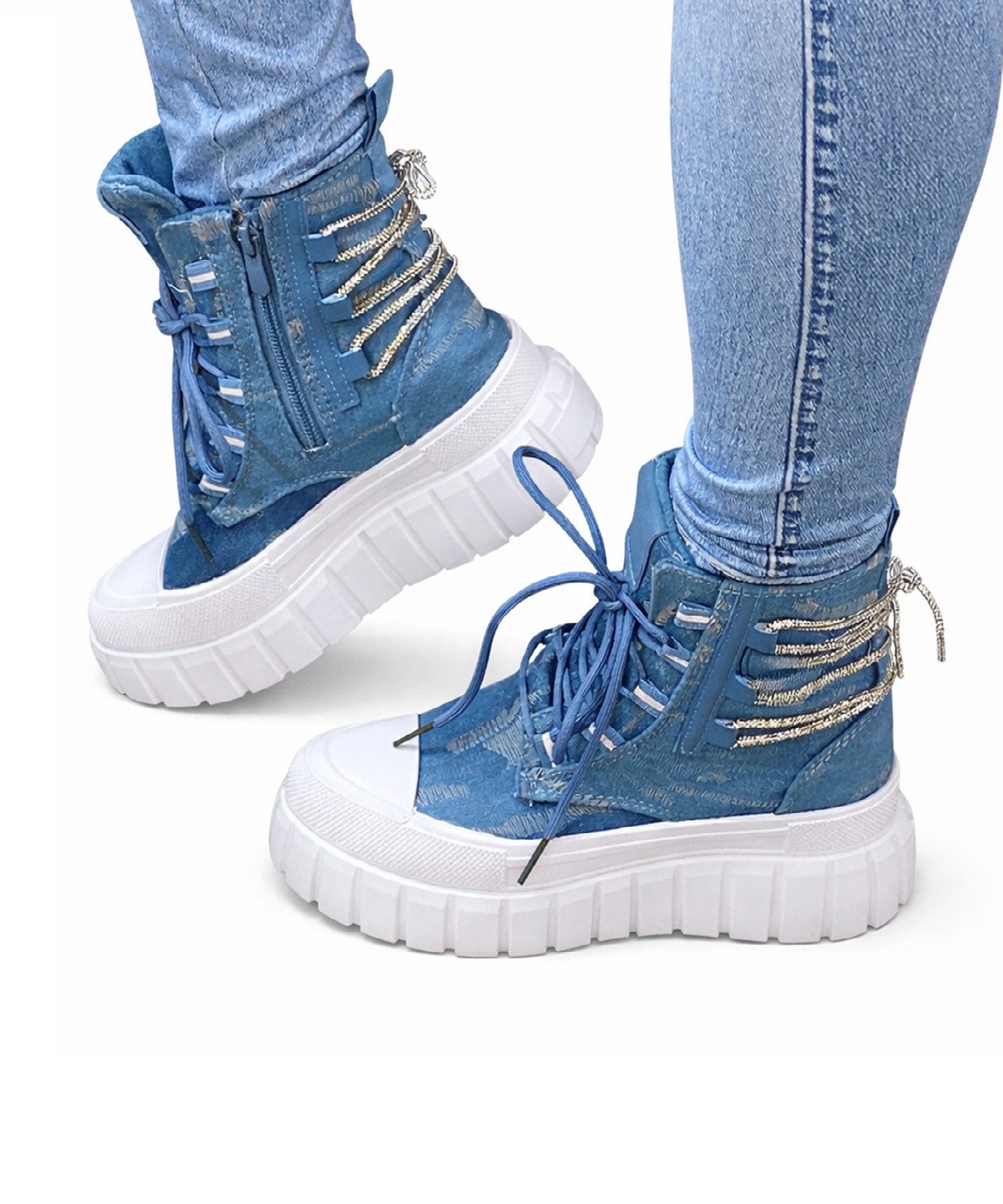 Pogolino 8-123 Denim Sneakerboots Damen High Top Sneakers Jeans Boots Denim Glitzer Plateau