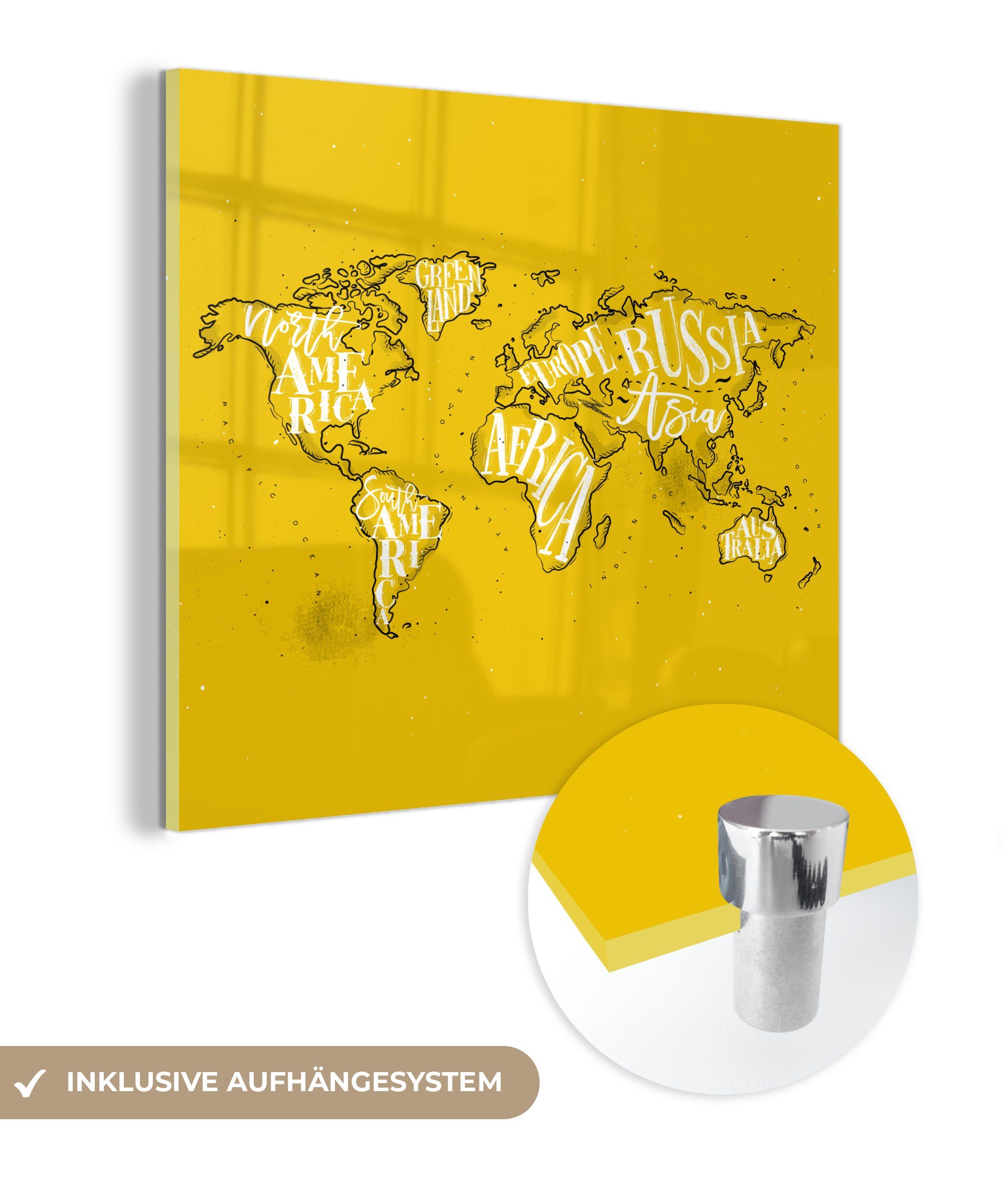 MuchoWow Acrylglasbild Weltkarte - Gelb - Weiß - Buchstaben, (1 St), Glasbilder - Bilder auf Glas Wandbild - Foto auf Glas - Wanddekoration