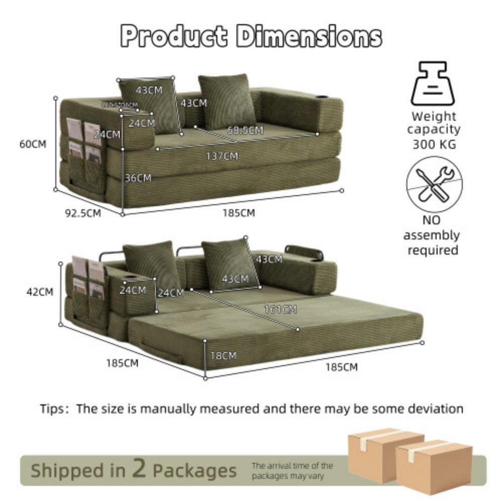 Vipbear Schlafsofa 185cm Sofa-Bett, Getränkehalter und Seitentasche, montagefrei, 1 Teile