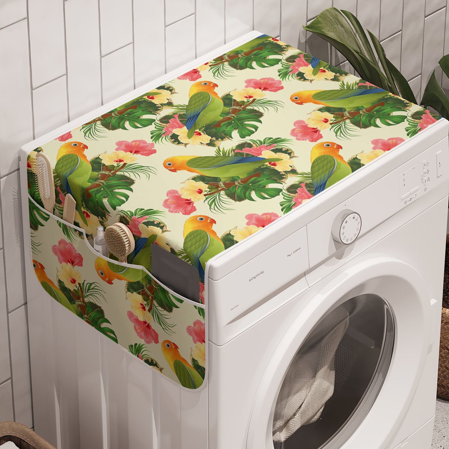 Abakuhaus Badorganizer Anti-Rutsch-Stoffabdeckung für Waschmaschine und Trockner, Hibiskus Tropische Blumen Parrot