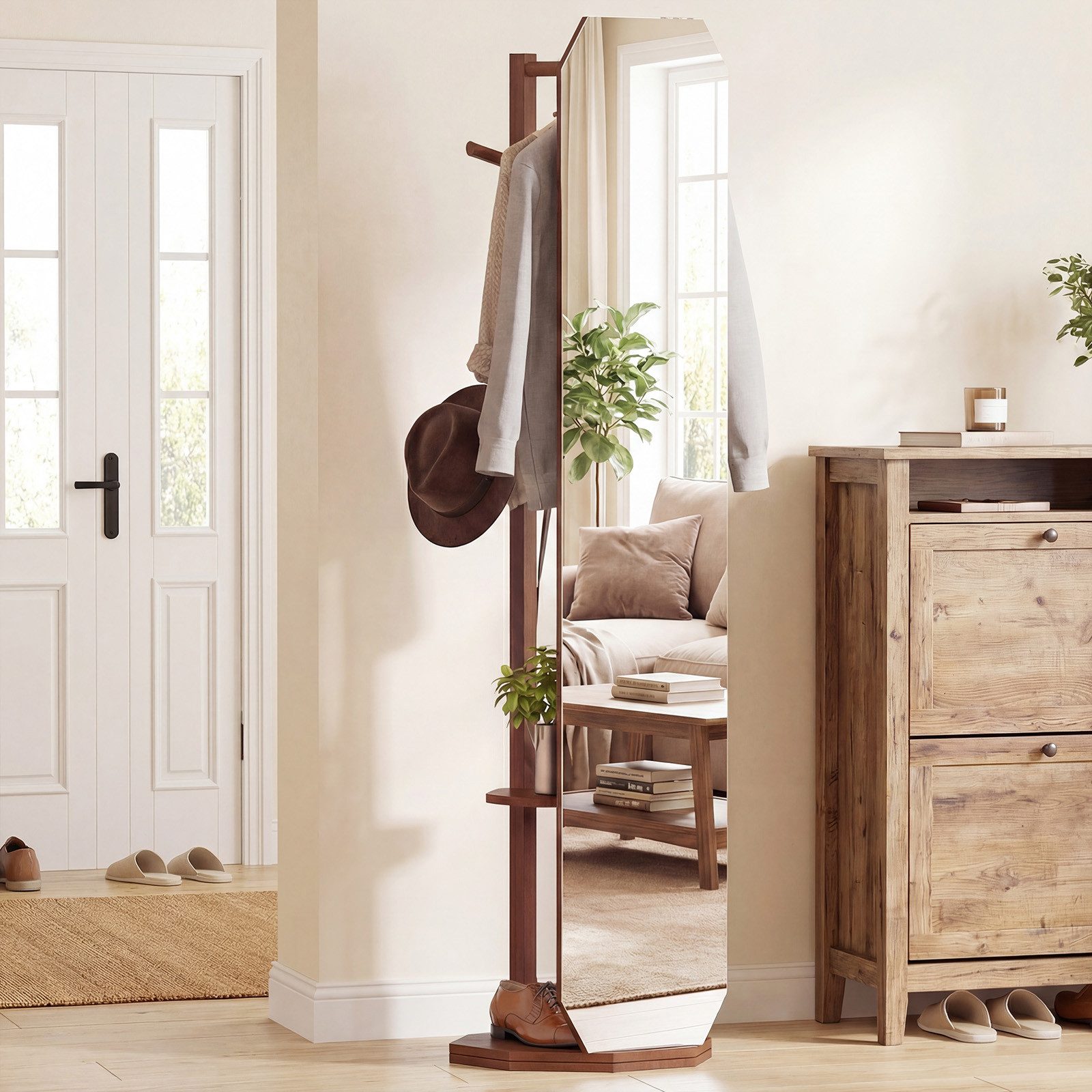 COSTWAY Kleiderständer, mit Ganzkörperspiegel, 4 Haken, Ablagen, drehbar Holz