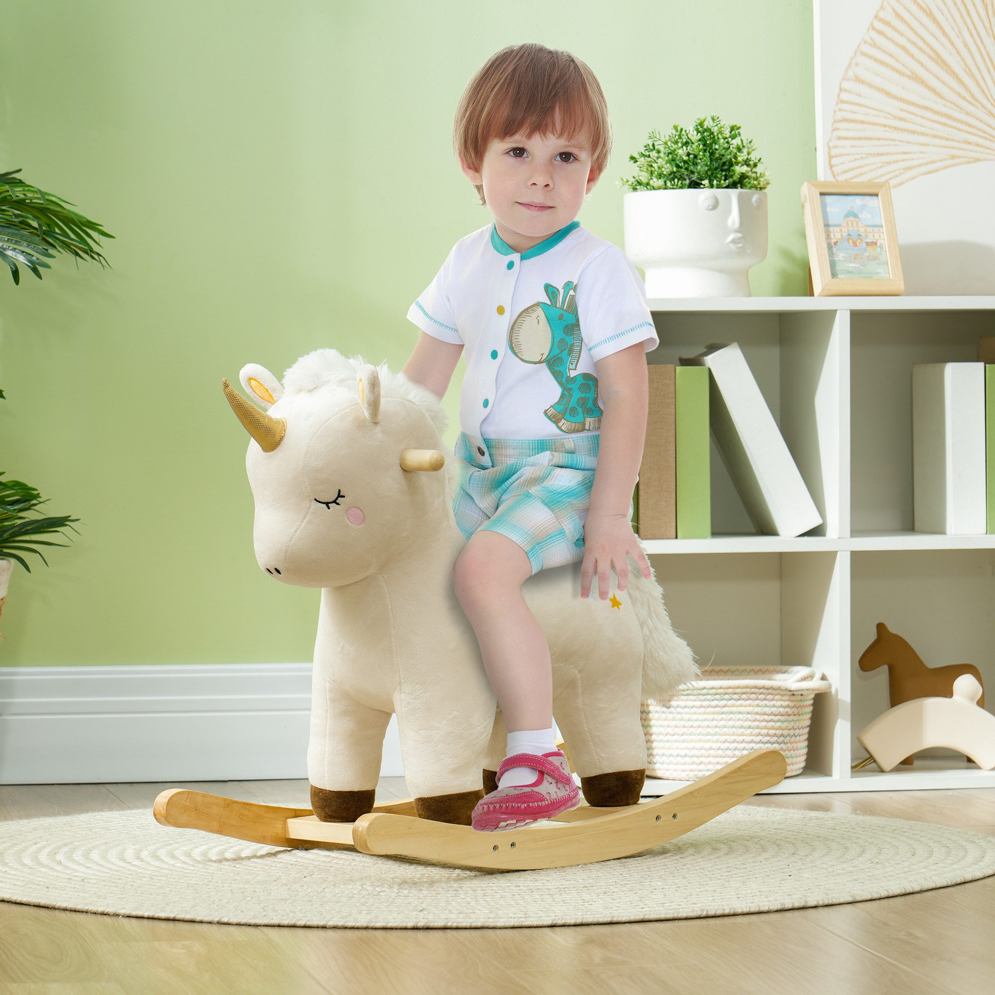AIYAPLAY Schaukeltier mit Unicorn Design, Sound, Schaukelpferd, Schaukelspielzeug, (1 tlg), für Kleinkinder ab 2 Jahre, Plüsch, Weiß