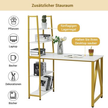 PFCTART Computertisch mit 5 Tier Bücherregal Schreibtisch, Weiß + Gold 120cm Bürotisch