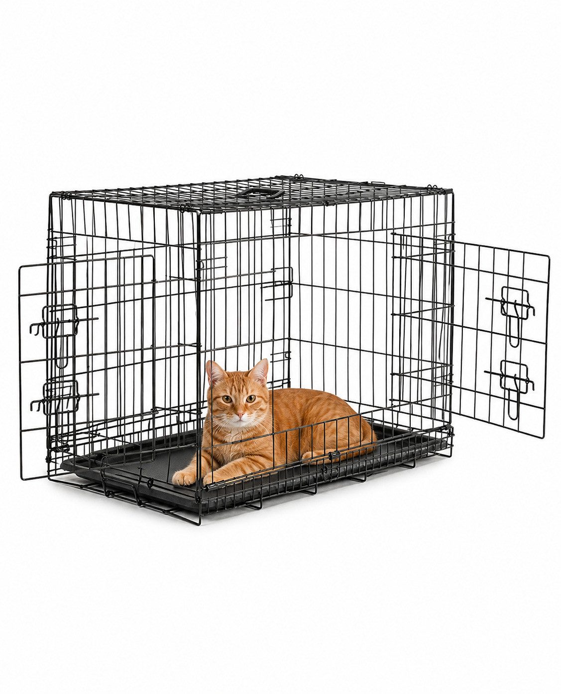 lionto Tiertransportbox für Katzen, stabil aus Metall mit Kunststoffbodenwanne, 92x58x64 cm, hygienisch mit Trennwand & Sicherheitsverriegelung