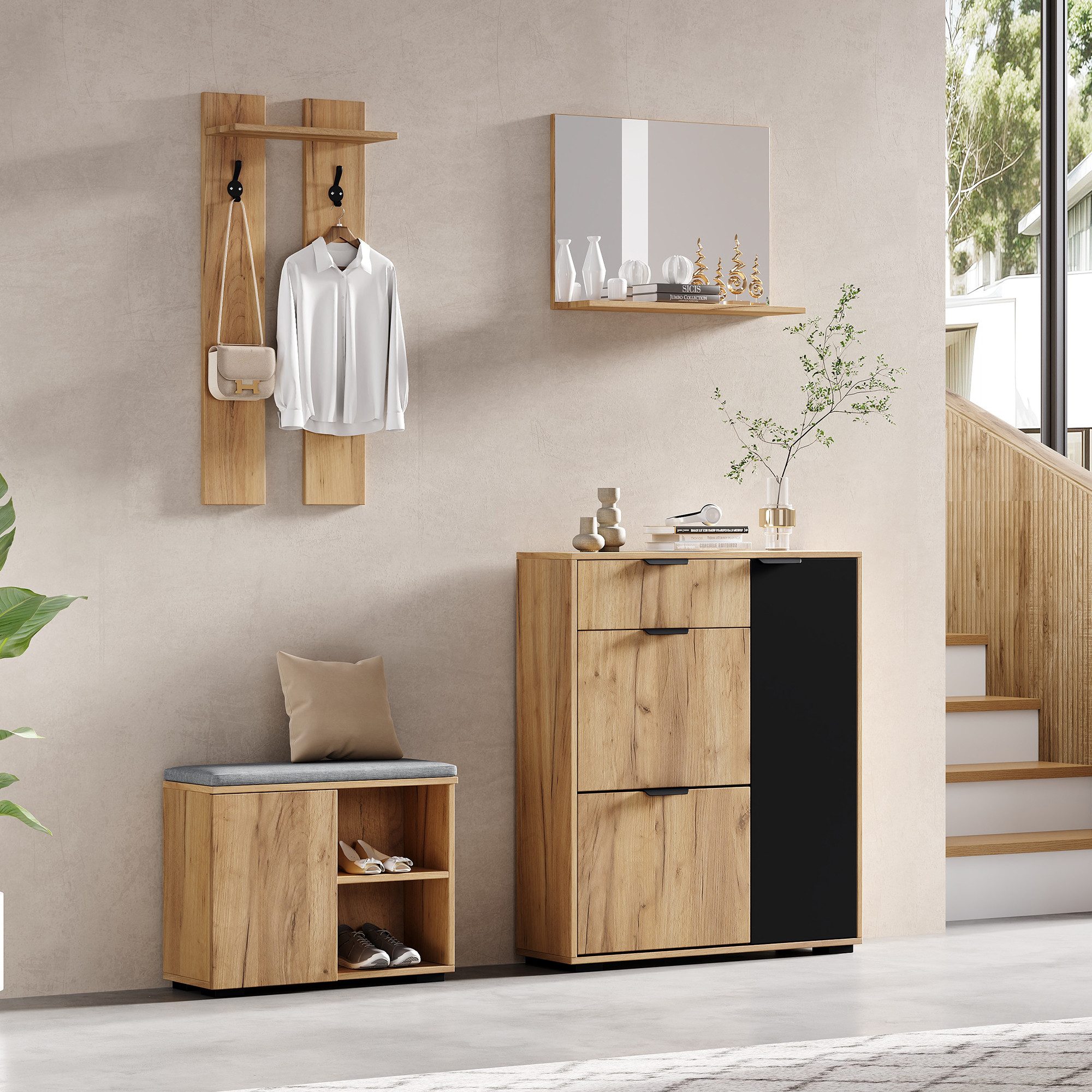 Refined Living Garderoben-Set Flur-Garderoben-Set mit Schuhbank, Spiegel, Haken, 4 Türen 140 cm, (Garderoben-Set, Flurmöbel, Schuhschrank, Schuhbank, Wandgarderobe, 140x35x139 cm, Natur, Spanplatte, 1-St., mit Spiegel, Schublade, 2 Haken, 4 Türen, Sitzpolster), verstellbare Böden, platzsparend, modern, Kippsicherung