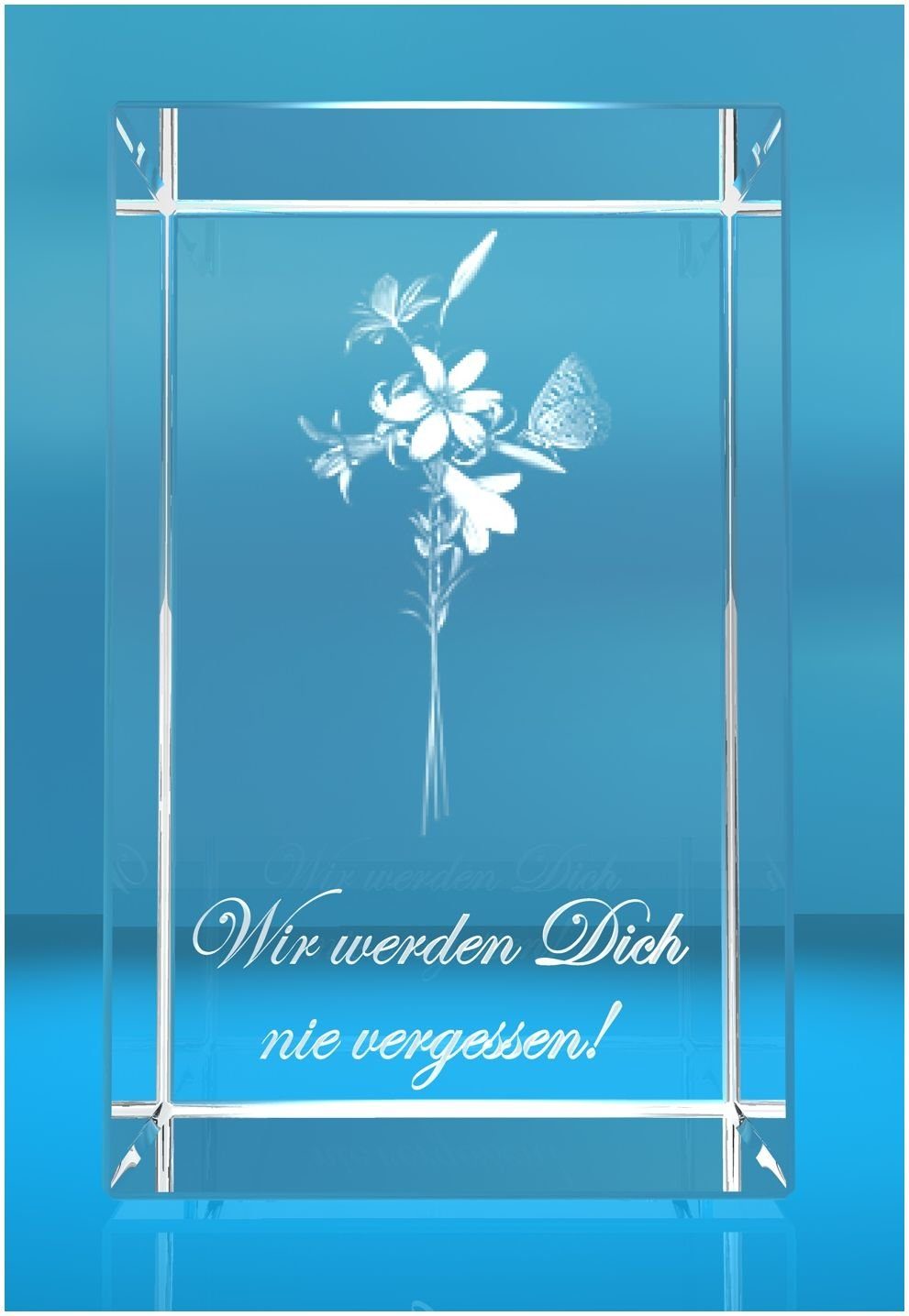 VIP-LASER Dekofigur 3D Glasquader Lilien Text: Wir werden Dich nie vergessen!, Hochwertige Geschenkbox, Made in Germany, Familienbetrieb