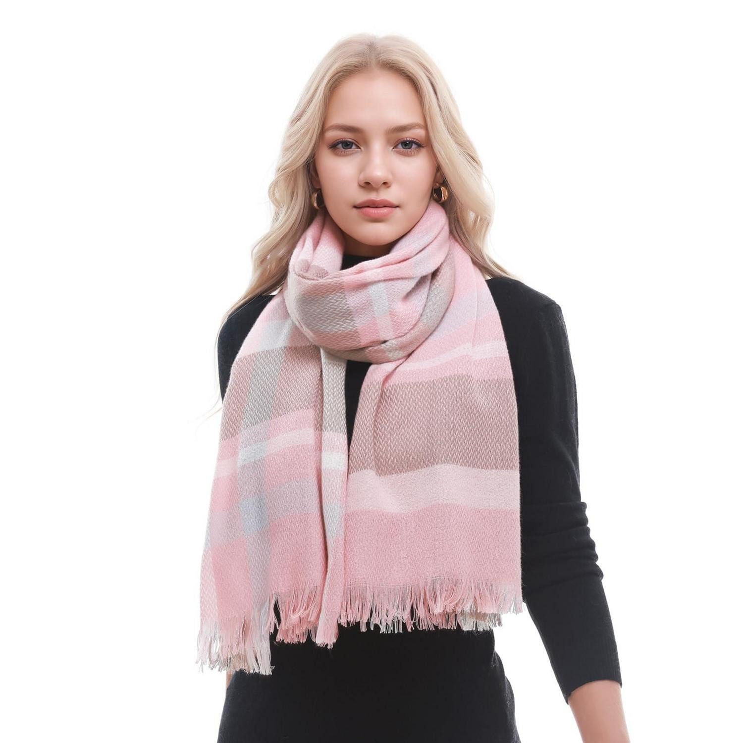 LuxusKollektion Pashmina Schal Damen Kariert Rosa/Khaki/Blau 187x68cm, (1-St)