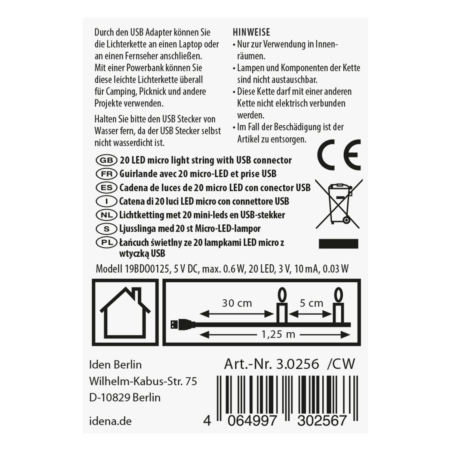 Idena LED-Lichterkette Idena 30256 - LED Micro Lichterkette mit 20 LEDs in Warmweiß, mit USB – Bild 4 von 5