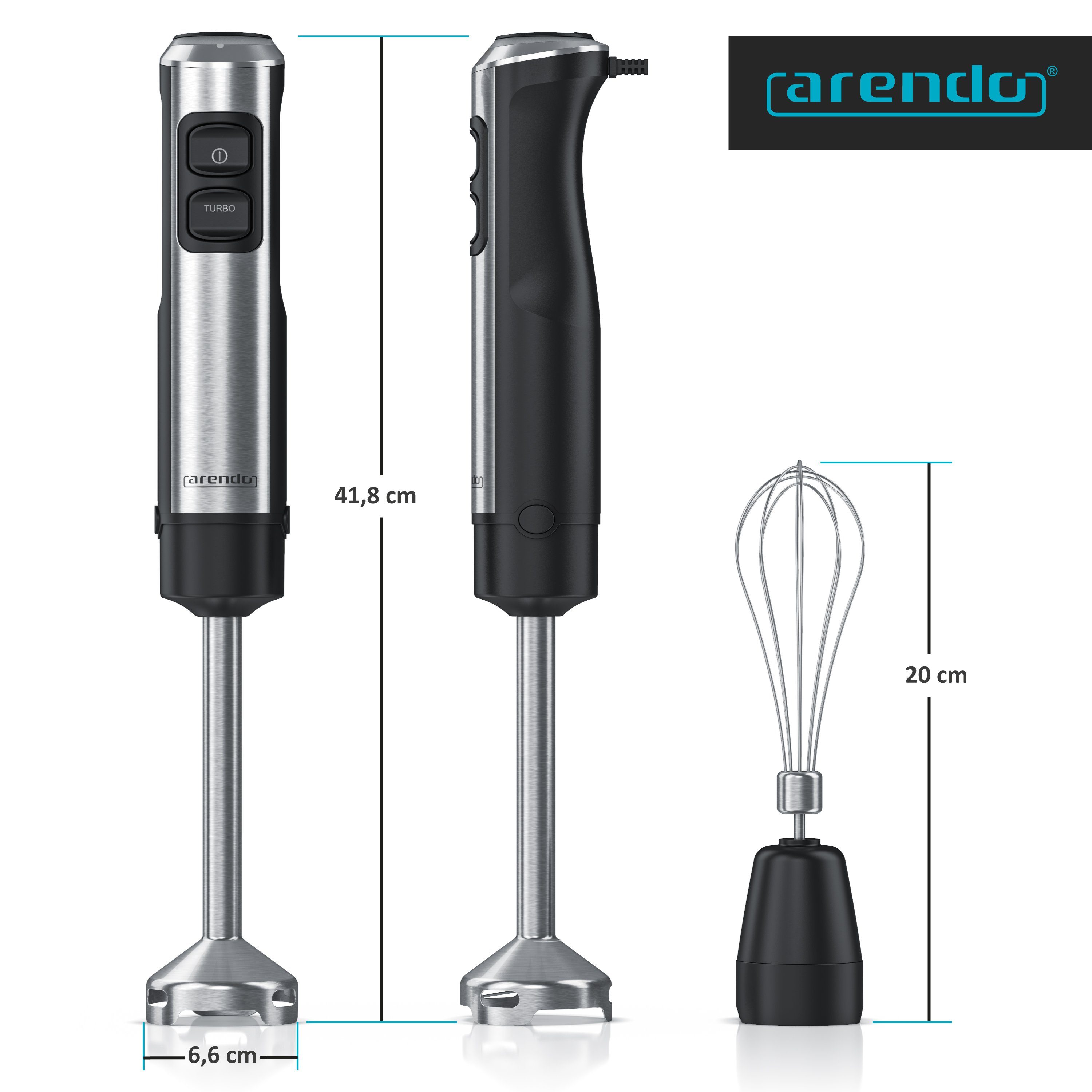 Arendo Stabmixer Edelstahl Pürierstab, Handmixer, stufenlose Regelung, schwarz, 1200 W, Edelstahl, mit Schneebesenaufsatz, Pürierstab mit abnehmbarem Mixfuß