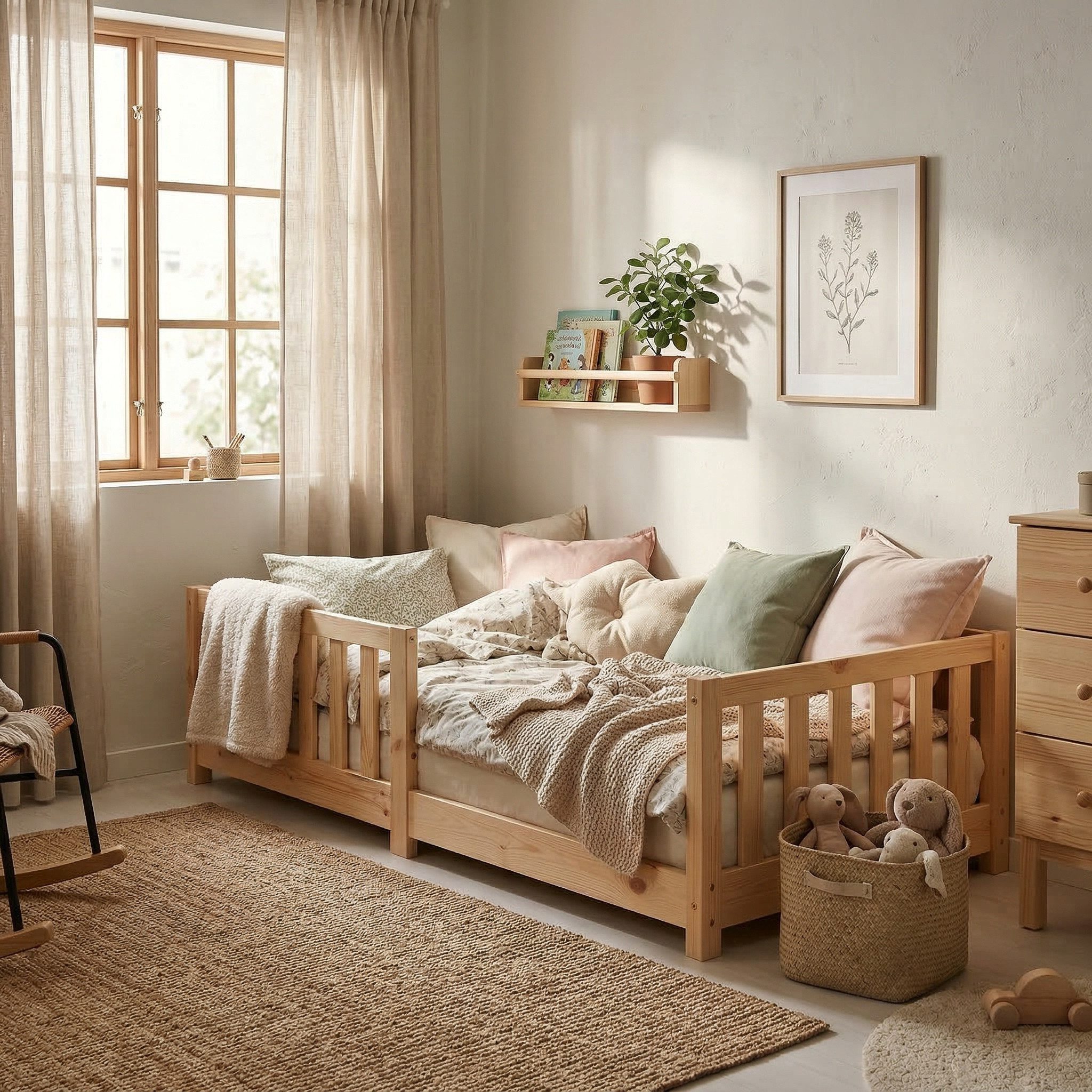 ecoMI Kinderbett mit Rausfallschutz inkl. Lattenrost, 90x200 & 80x160, Weiß & Natur, mit Rausfallschutz inkl. Lattenrost, 90x200 & 80x160, Weiß & Natur