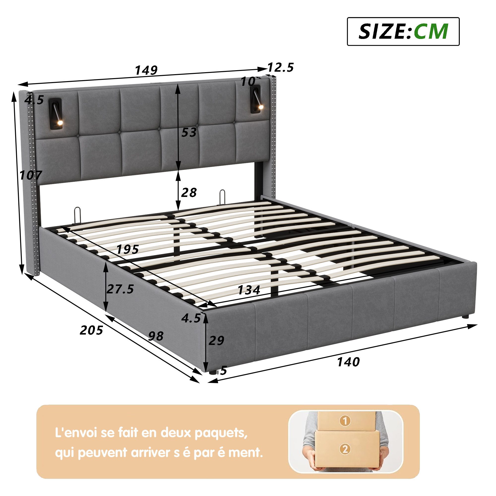 PXloue Stauraumbett Polsterbett Doppelbett, mit bettkasten und Lattenrost,Samtstoff,Leselicht,140x200 cm – Bild 5 von 5