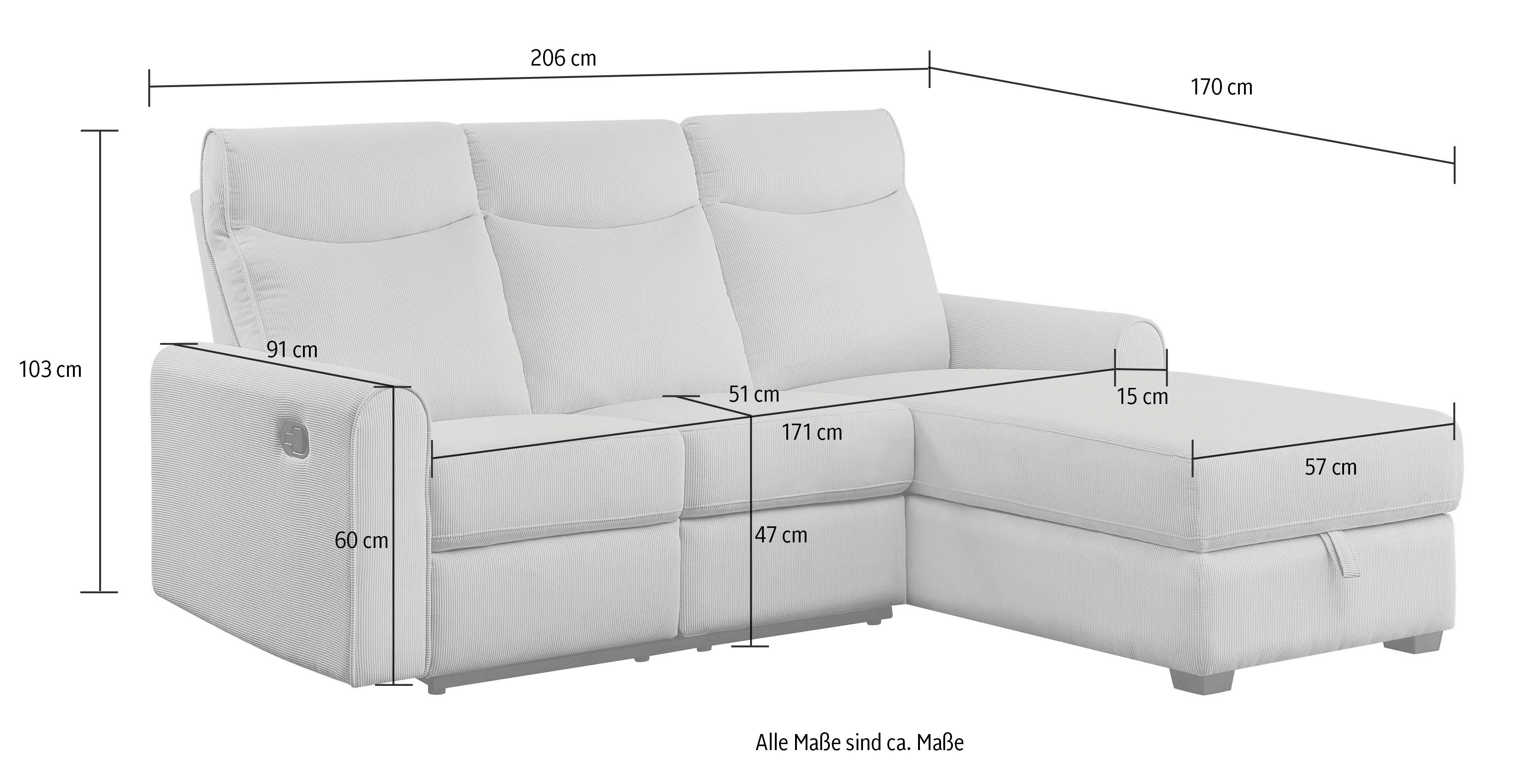 ATLANTIC home collection Ecksofa und Stauraum, Cord-Bezug mit Gero, Relaxfunktion mit