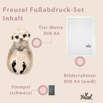 Freusel Poster Erdmännchen, Fußabdruck-Set für Babys, A4-Druck, Stempel, Bilderrahm