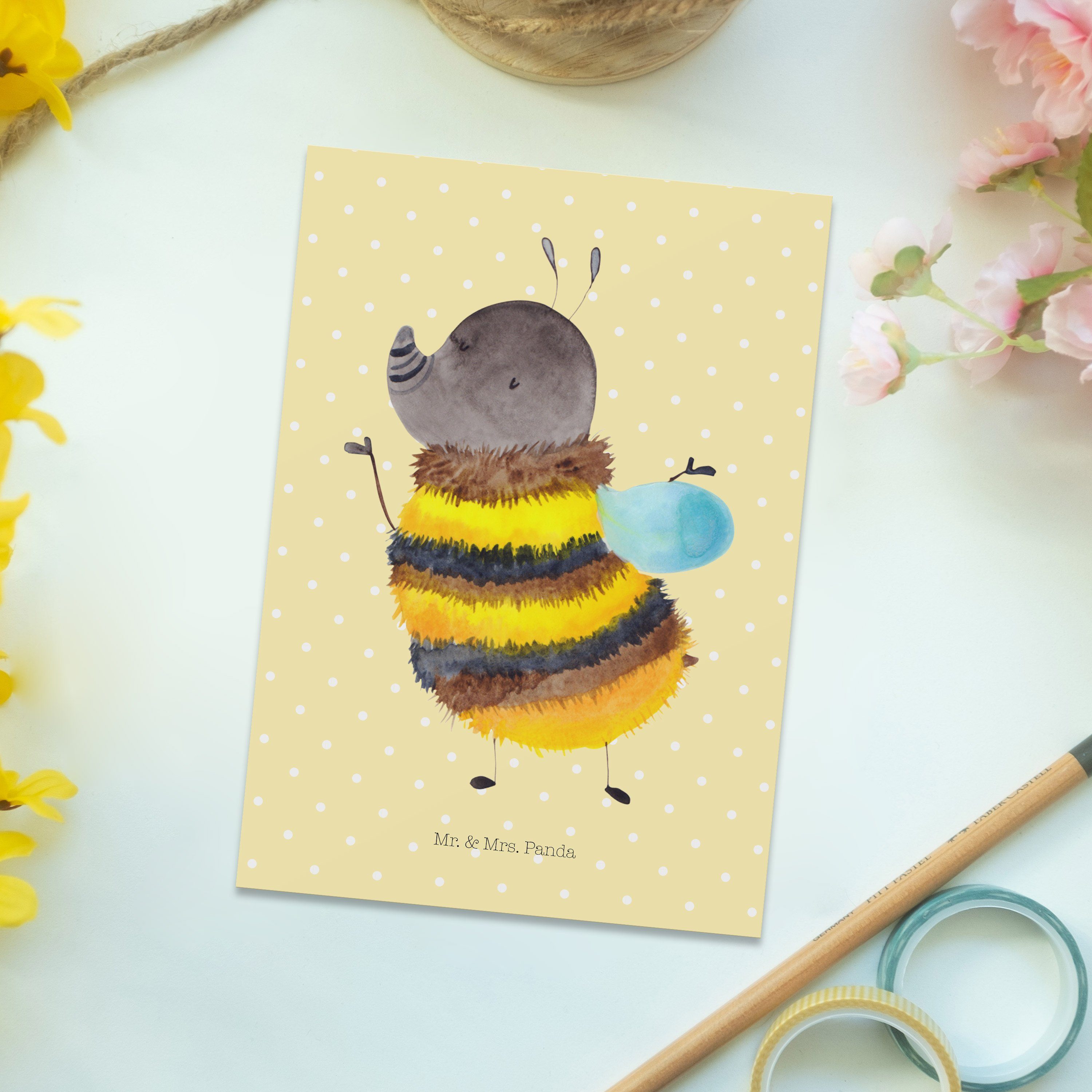 Gute Biene, Laune, Einlad Postkarte Gelb Geschenk, Mrs. & Panda Mr. Pastell Hummel - flauschig -