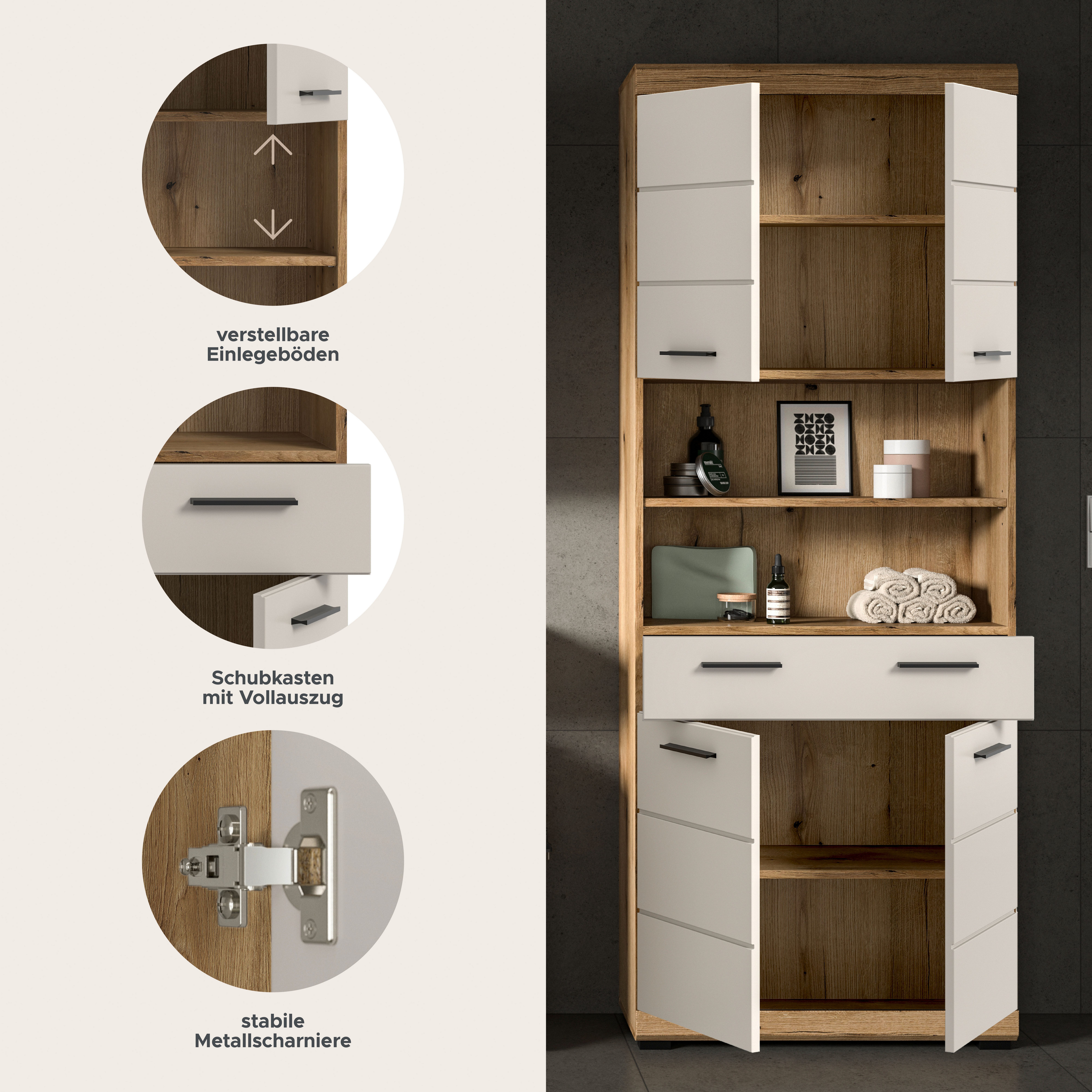 welltime Hochschrank SIENA, Breite 74cm, 4 Türen, 1 Schubkasten, 2 offene Fächer, MDF-Front (TOPSELLER)