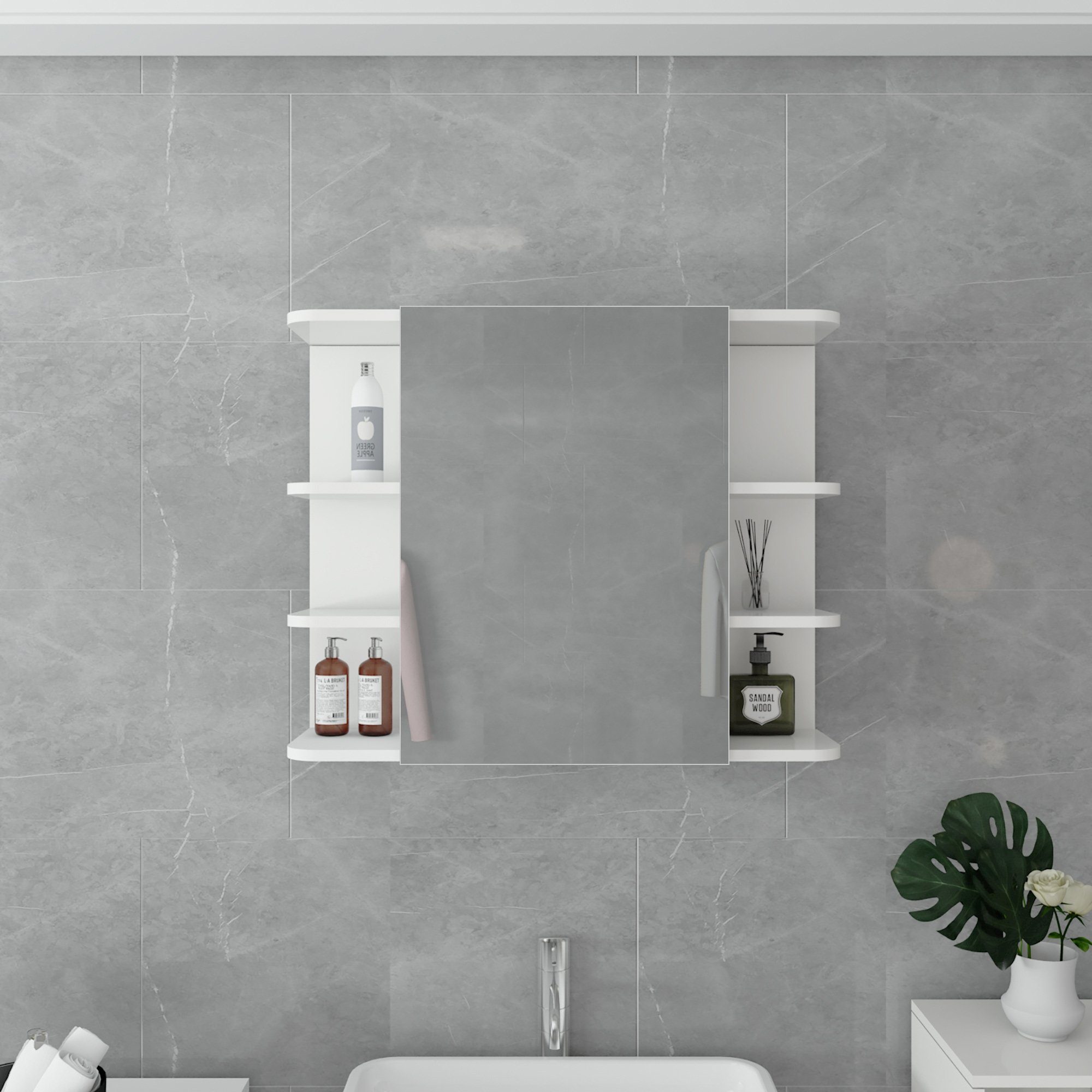 ML-DESIGN Badezimmerspiegelschrank Spiegelschrank Badezimmerschrank Hängeschrank Tür Badspiegel viel Wandschrank MDF-Holz und Ablagen 80x64x21cm Stauraum 8 aus Weiß