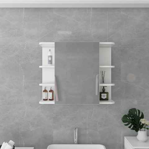 ML-DESIGN Badezimmerspiegelschrank Spiegelschrank Hängeschrank Wandschrank Badspiegel Weiß 80x64x21cm Tür und 8 Ablagen viel Stauraum aus MDF-Holz