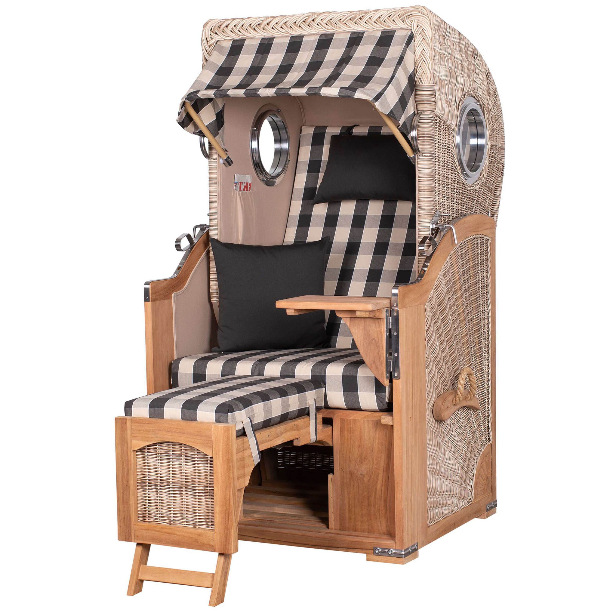 bene living Strandkorb Ammersee 1-Sitzer Teak - PE shell - Modell 505, BxTxH: 96x80x165 cm, Volllieger, Ostsee-Strandkorb, (Strandkorb-Komplettset, 5-tlg., Strandkorb inkl. Liftersystem und umfangreichem Zubehör), mit Windschutzfolie, Bistrotisch und bequemer Polsterung