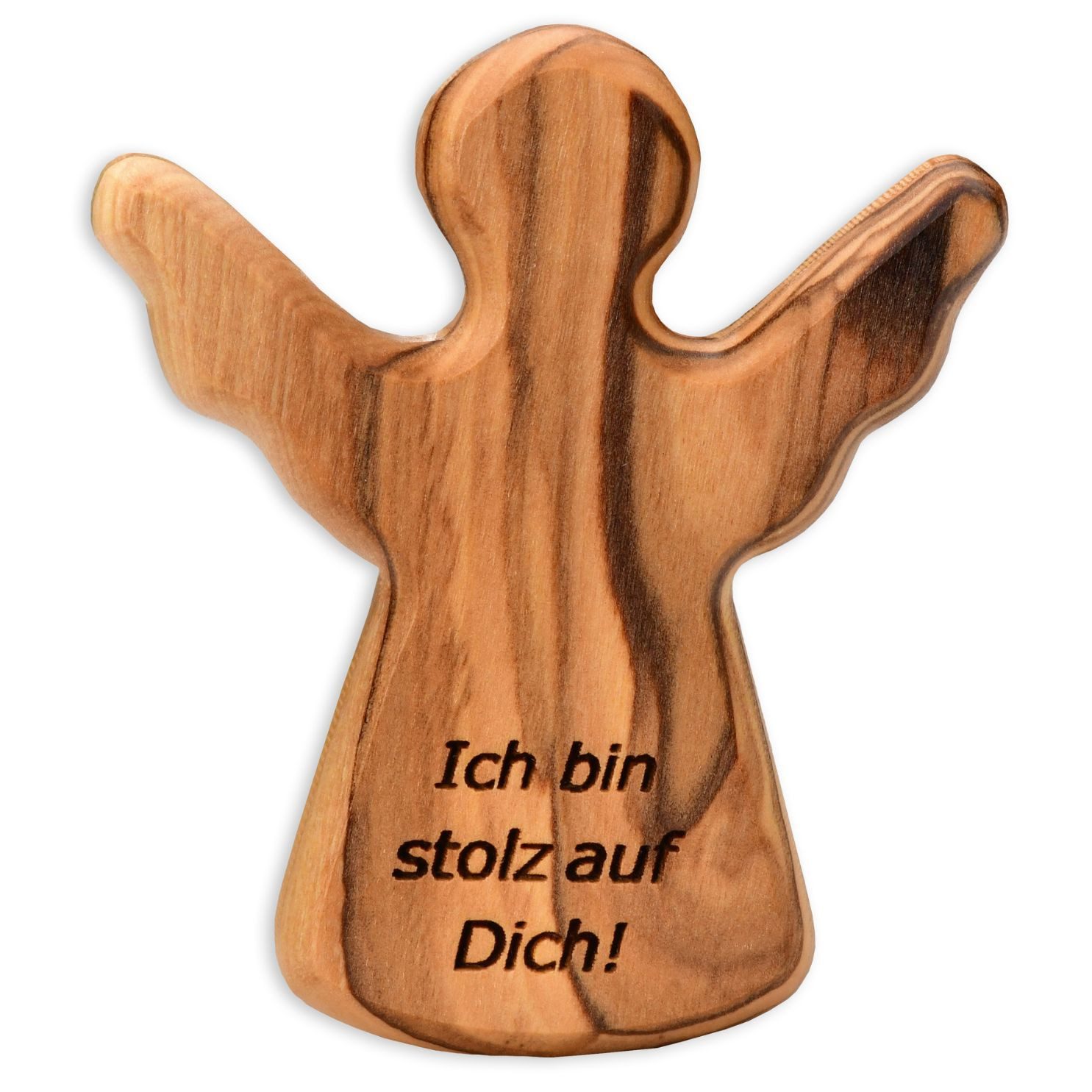 Kassis Engelfigur Schutzengel als Handschmeichler mit Spruch "Ich bin stolz auf dich", Olivenholzdeko, handgemacht, aus Bethlehem, Glücksbringer