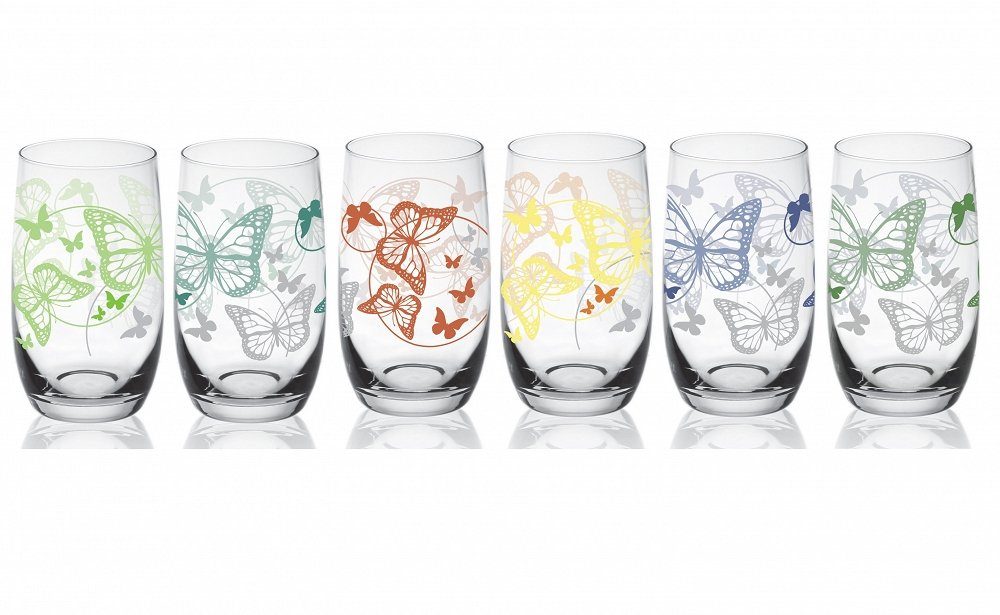 Sendez Longdrinkglas 6 Longdrinkgläser 320ml mit bunten Schmetterlingen Trinkgläser