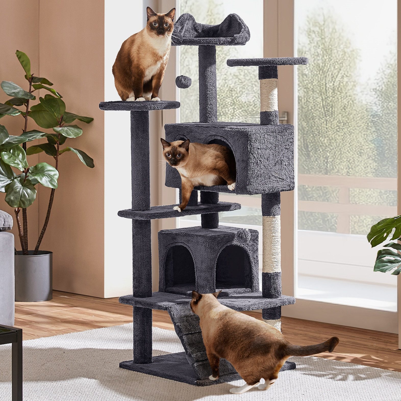 Yaheetech Kratzbaum Katzenbaum Kletterbaum 139/156/178/202,5 cm (H), mit 3 Aussichtsplattformen & 2 Katzenhöhlen & 2 Abnehmbare Plüschball